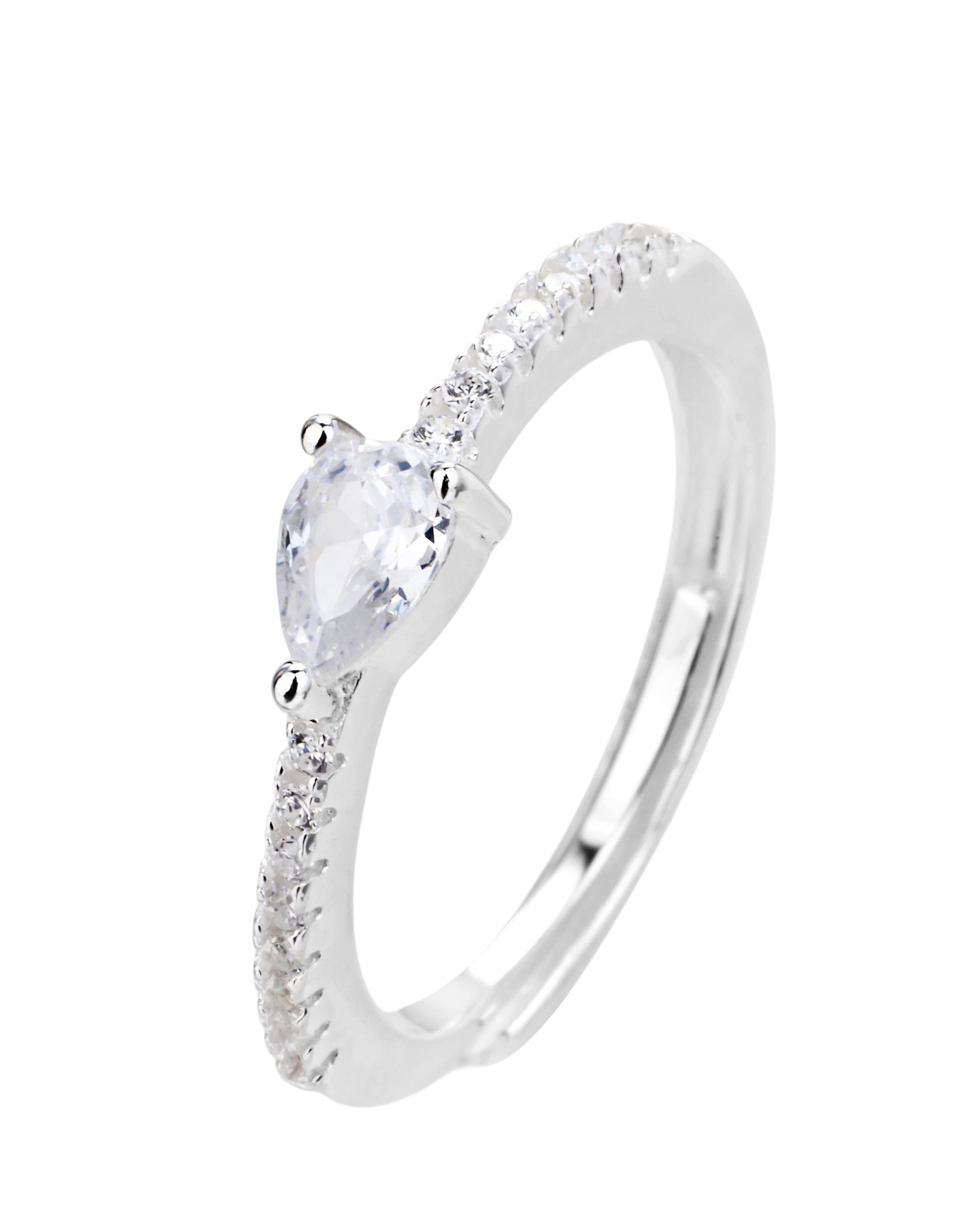 Solitario ajustable con circonia gota blanca en plateado