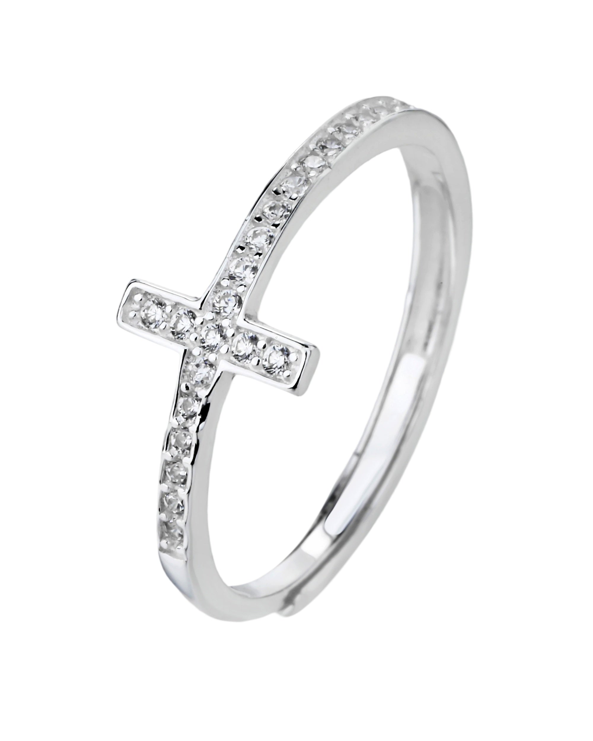 Anillo ajustable de Cruz con circonia blanca en plateado
