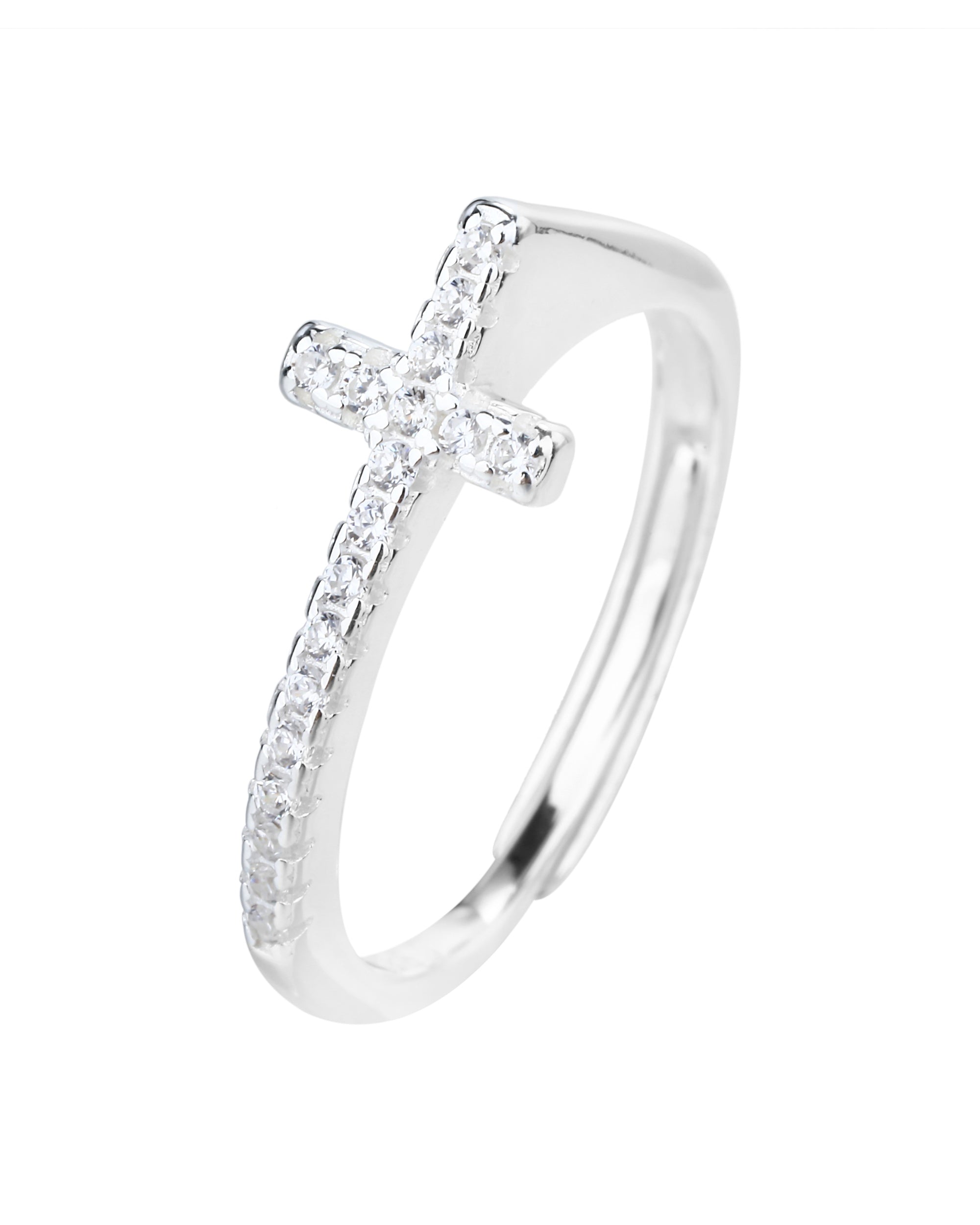 Anillo ajustable de Cruz con circonia blanca en plateado