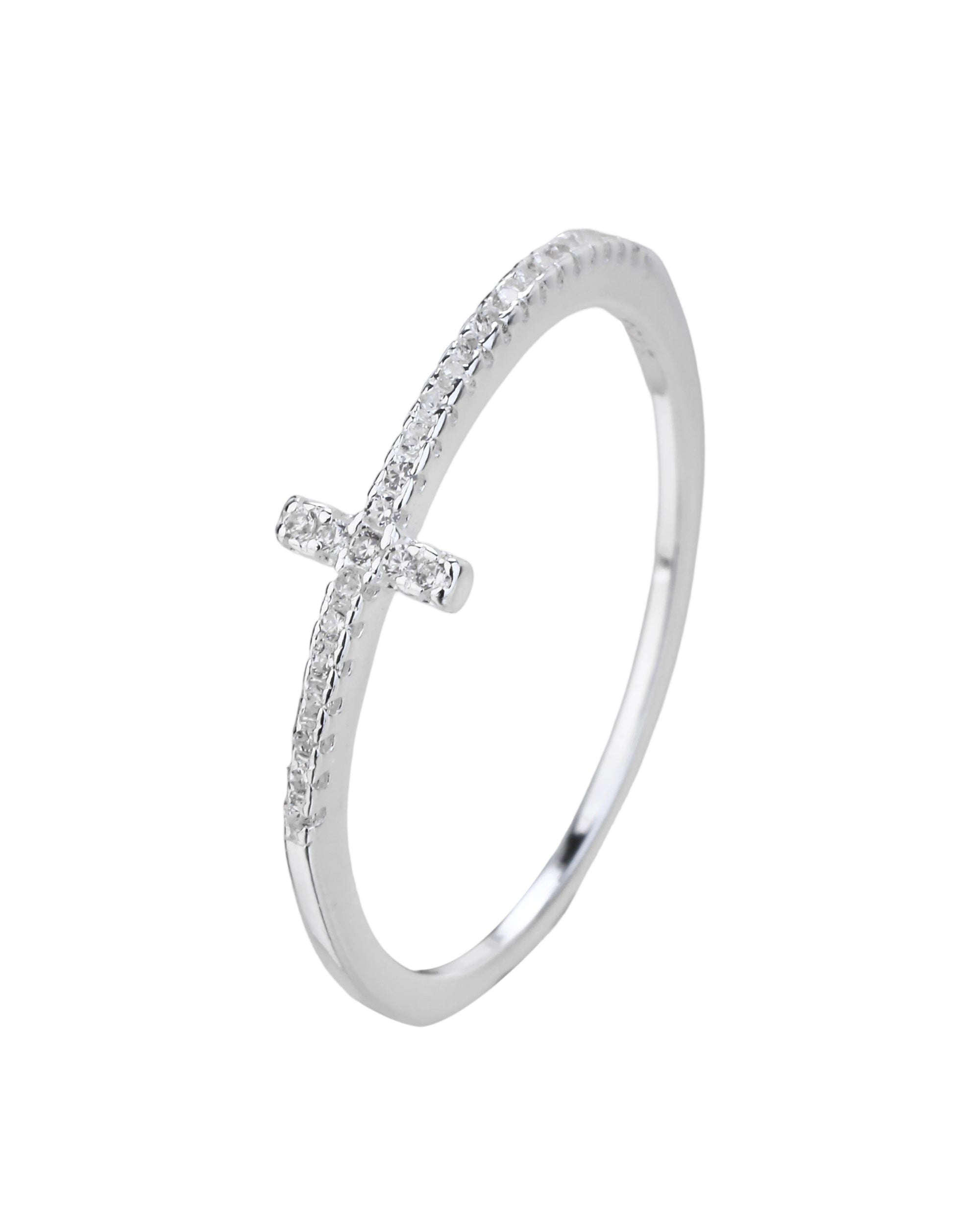 Anillo de cruz con circonia blanca en plateado
