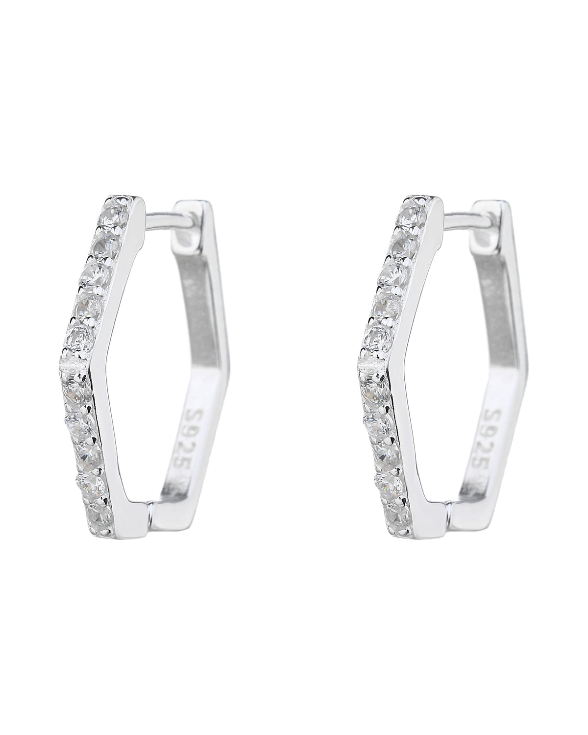Huggies hexagonal con circonia blanca 14mm en plateado