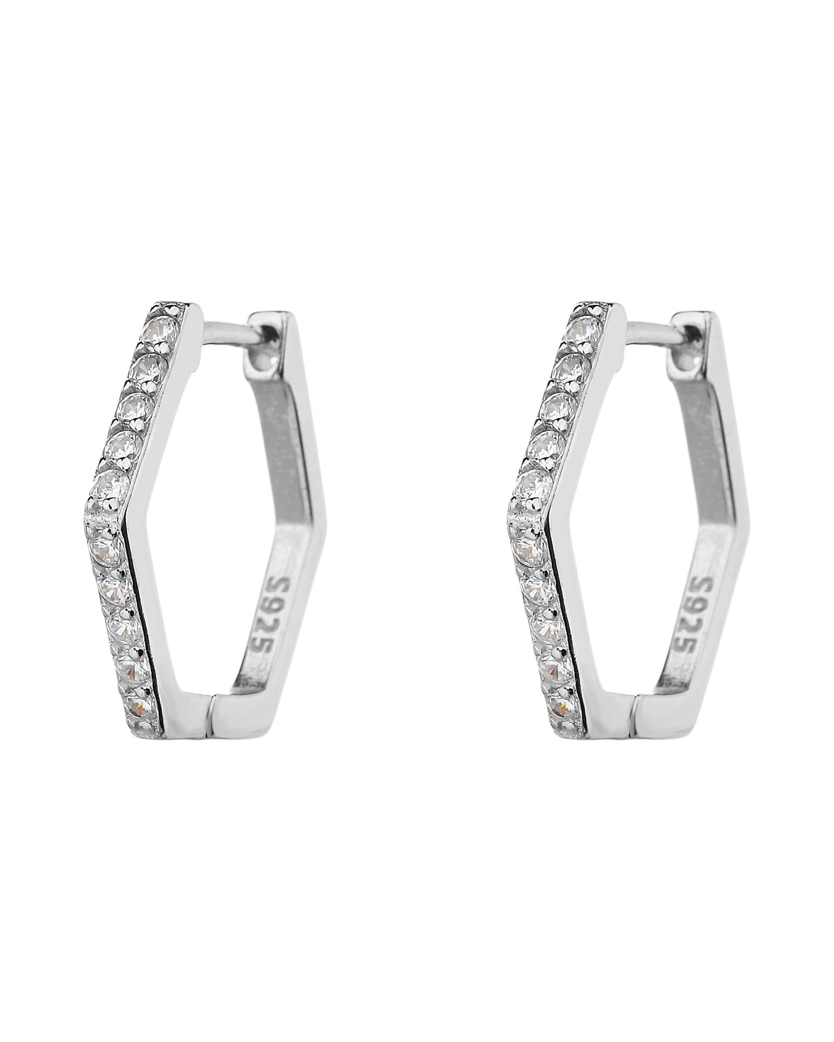 Huggies hexagonal con circonia blanca 14mm en rodizado