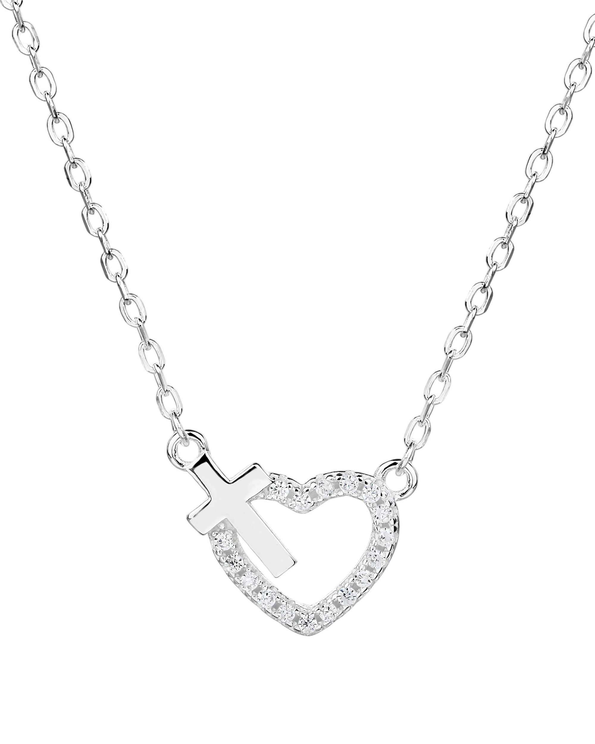 Collar sencillo de Cruz y corazon con circonias blanca 45+5cm en plateado