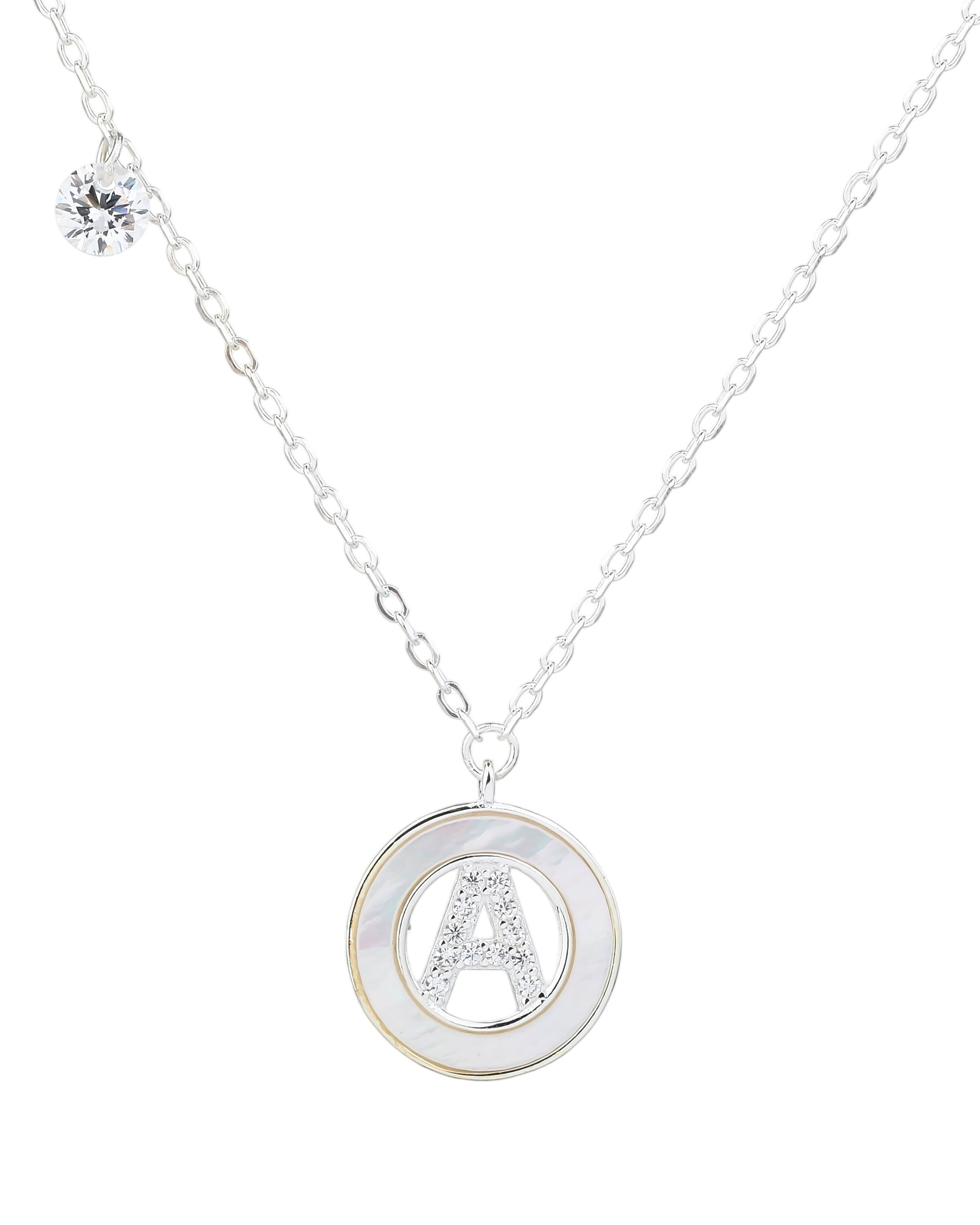 Collar de letra madre perla con circonia blanca 45+5cm en plateado