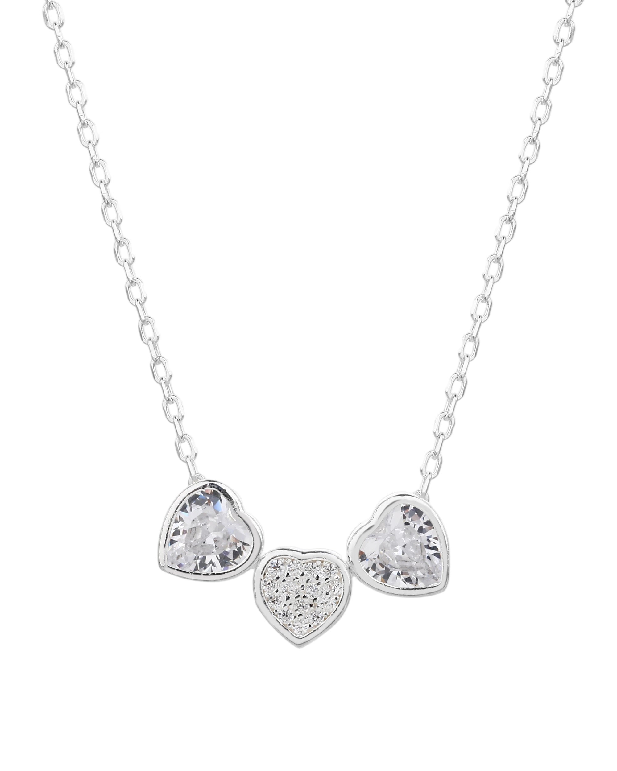 Collar de corazones bisel liso con circonias blanca 45+5cm en plateado