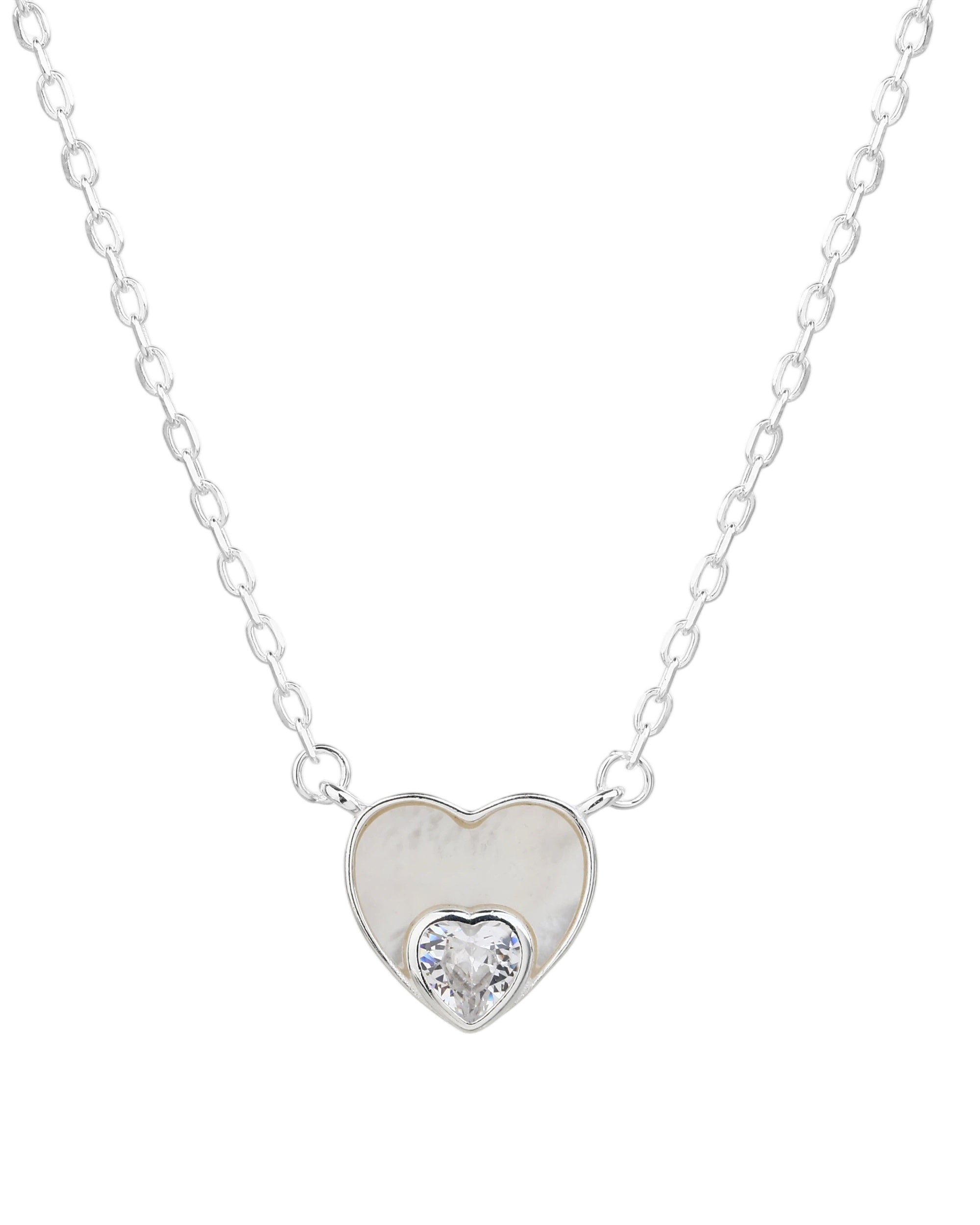 Collar corazon madre perla con circonia blanca 45+5cm en plateado