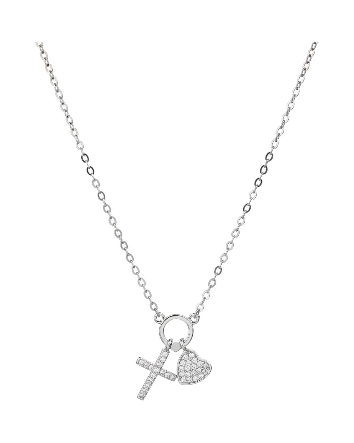 Collar sencillo de Cruz y corazon con circonia blanca 45+5cm en rodizado