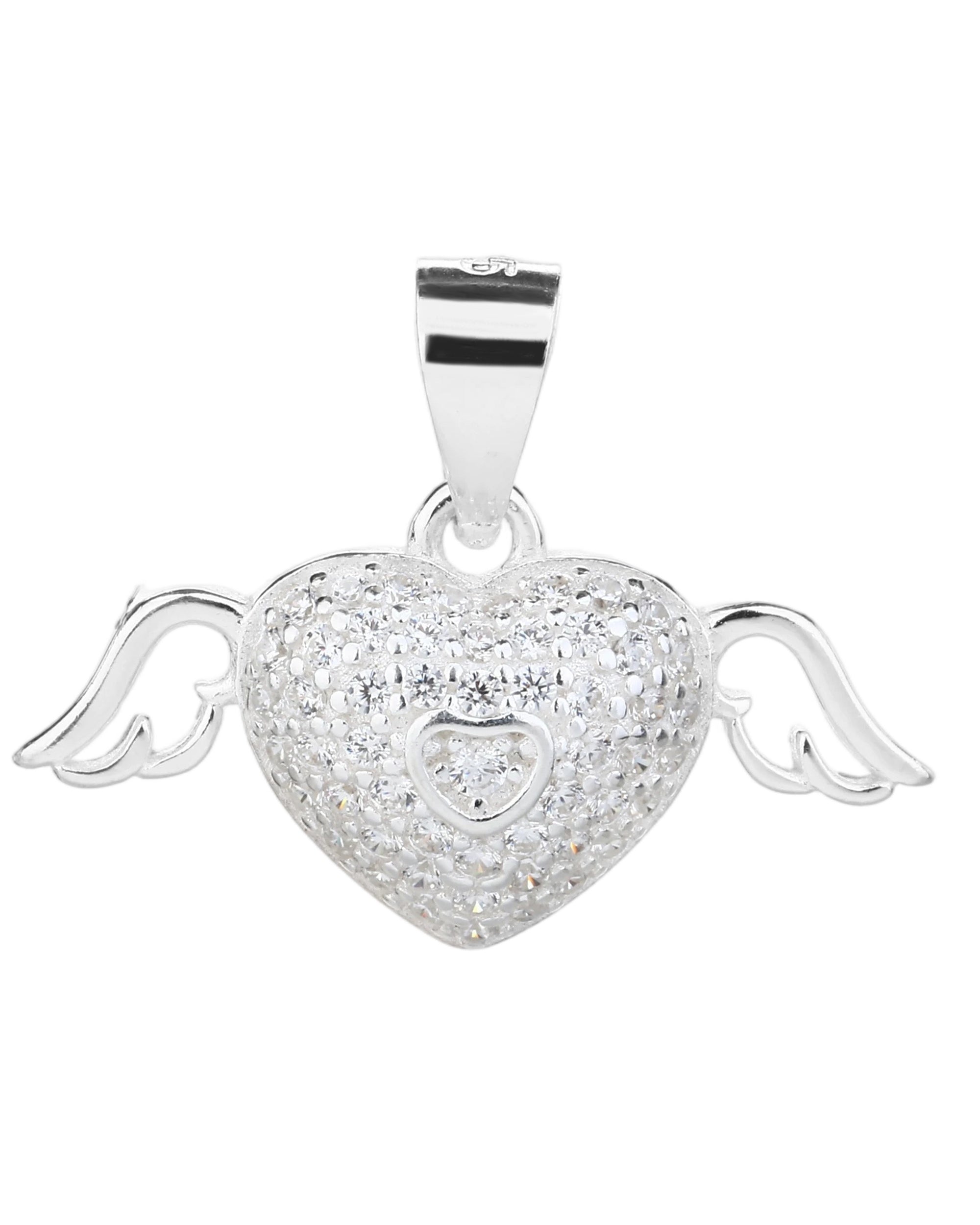 Dije de corazon con alas y circonias blanca en plateado