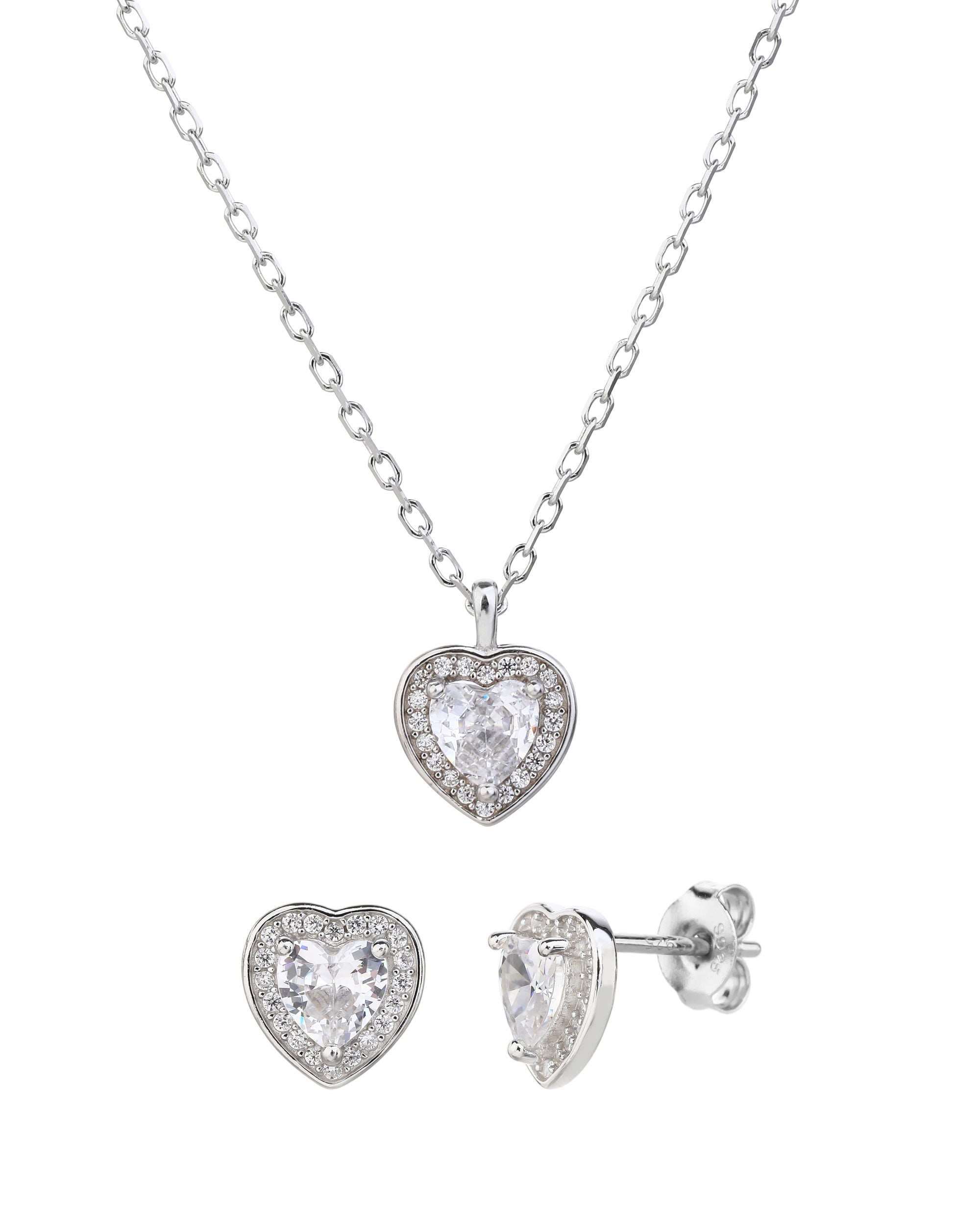 Juego collar y aretes de corazones con circonia blanca de 45+5cm en rodizado
