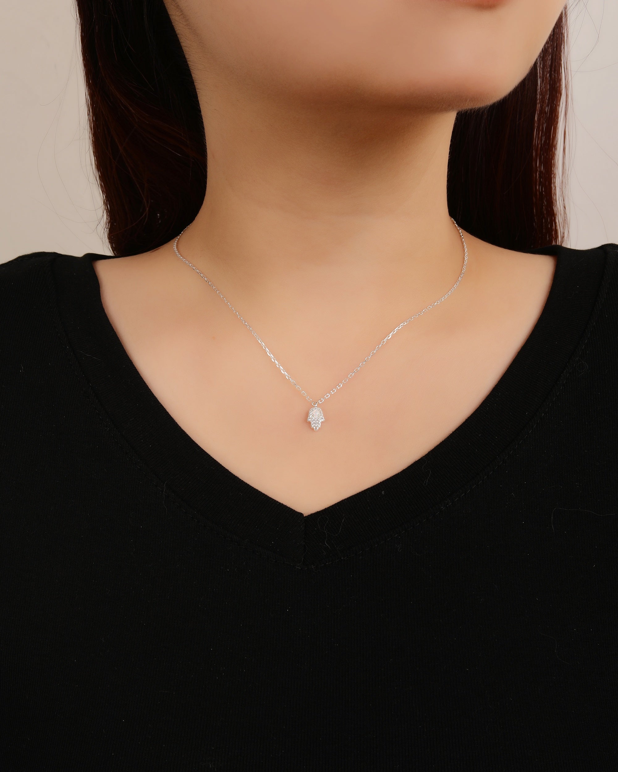 Juego collar y aretes de mano de Fatima con circonia blanca de 45+5cm en plateado