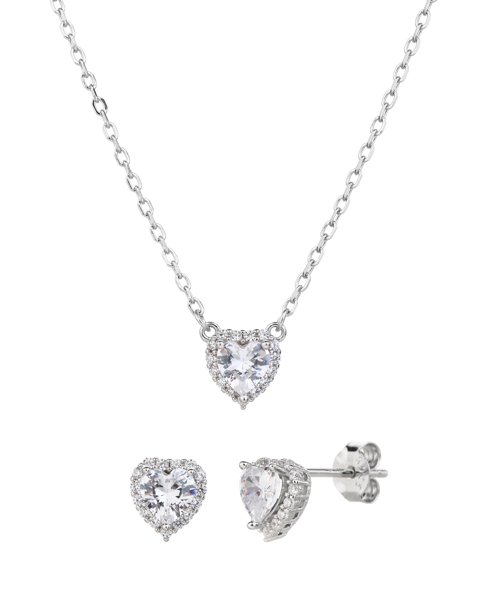 Juego collar y aretes de corazones con circonia blanca de 45+5cm en rodizado