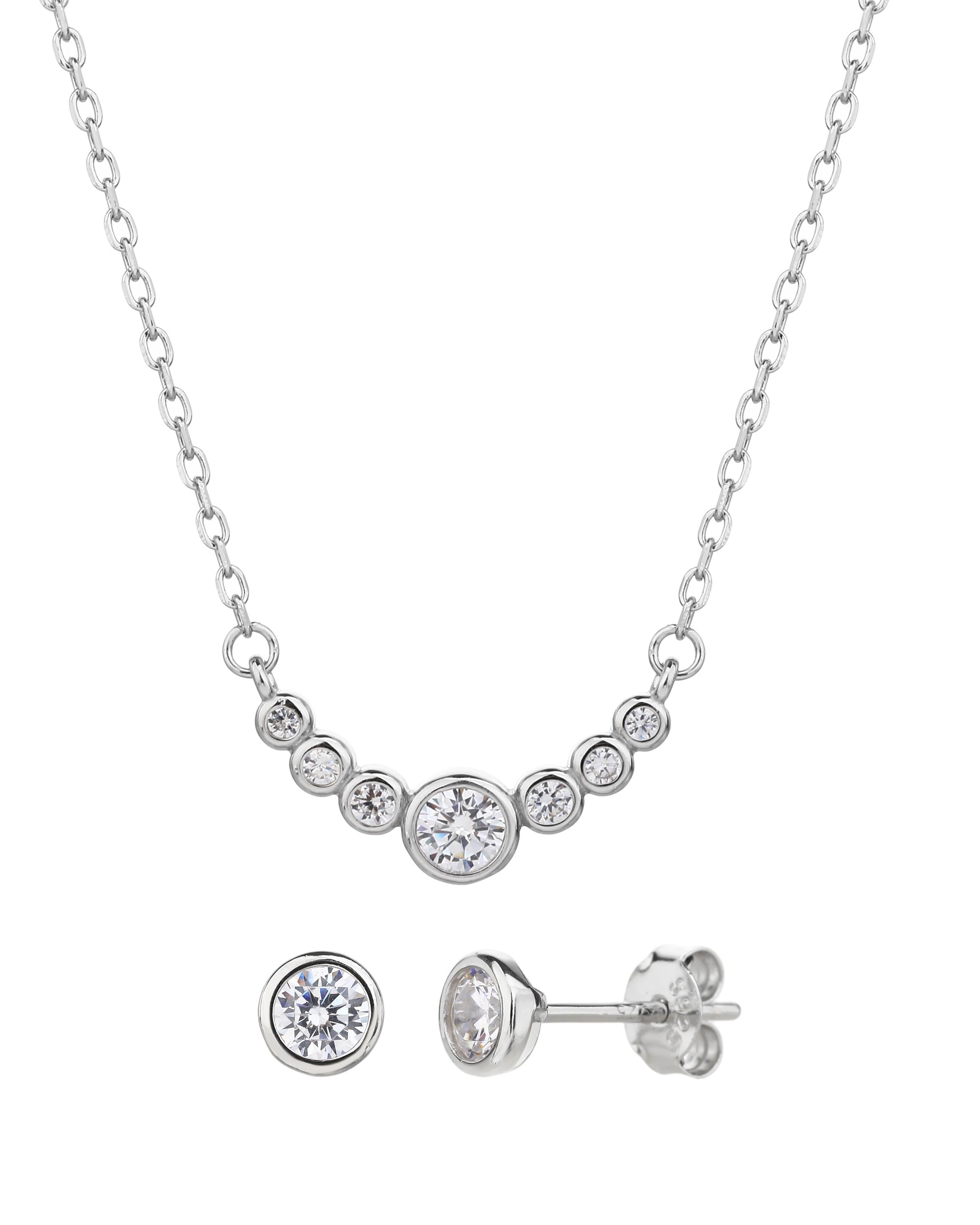 Juego collar y aretes de circulos con circonia blanca de 45+5cm en rodizado