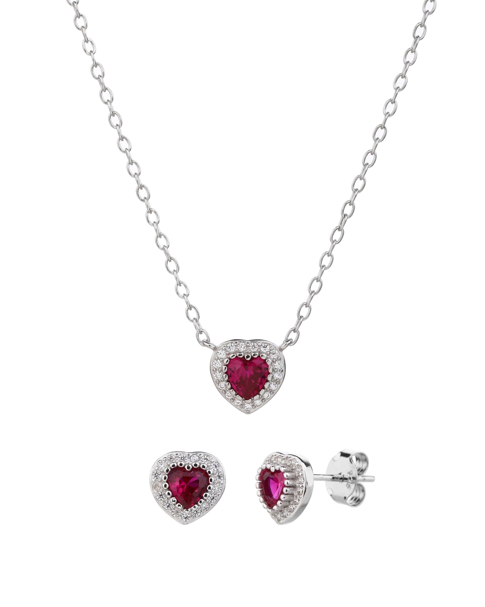 Juego collar y aretes de corazones con circonia de 45+5cm en rodizado