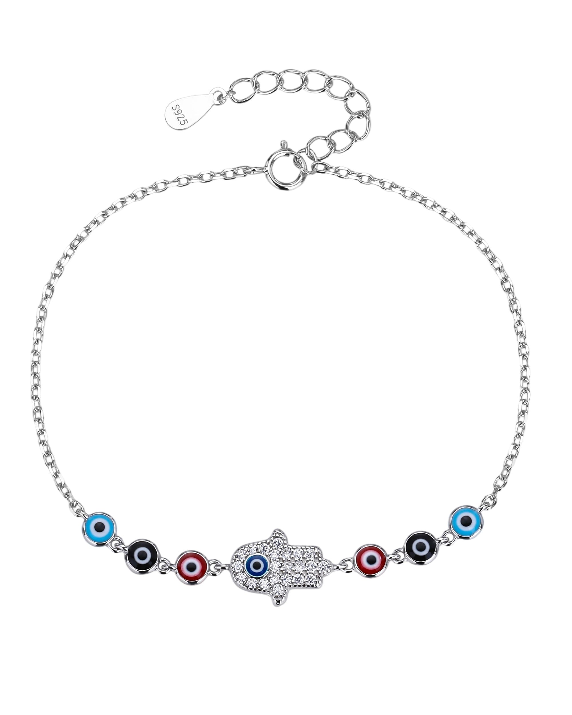 Pulsera de ojitos y mano de fatima con esmalte multicolor 17+3cm en rodizado