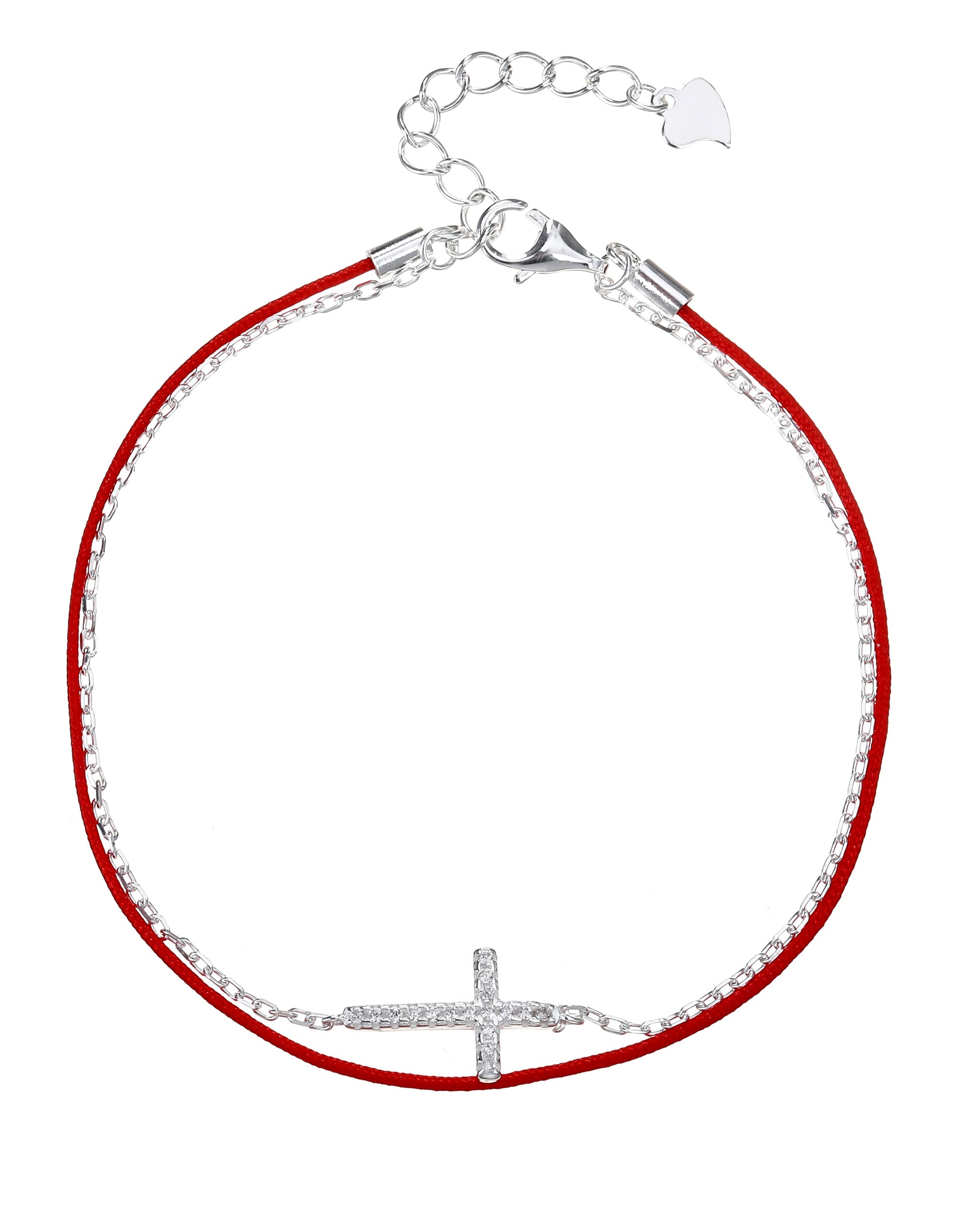 Pulsera doble sencilla y de hilo rojo con Cruz 17+3cm en plateado