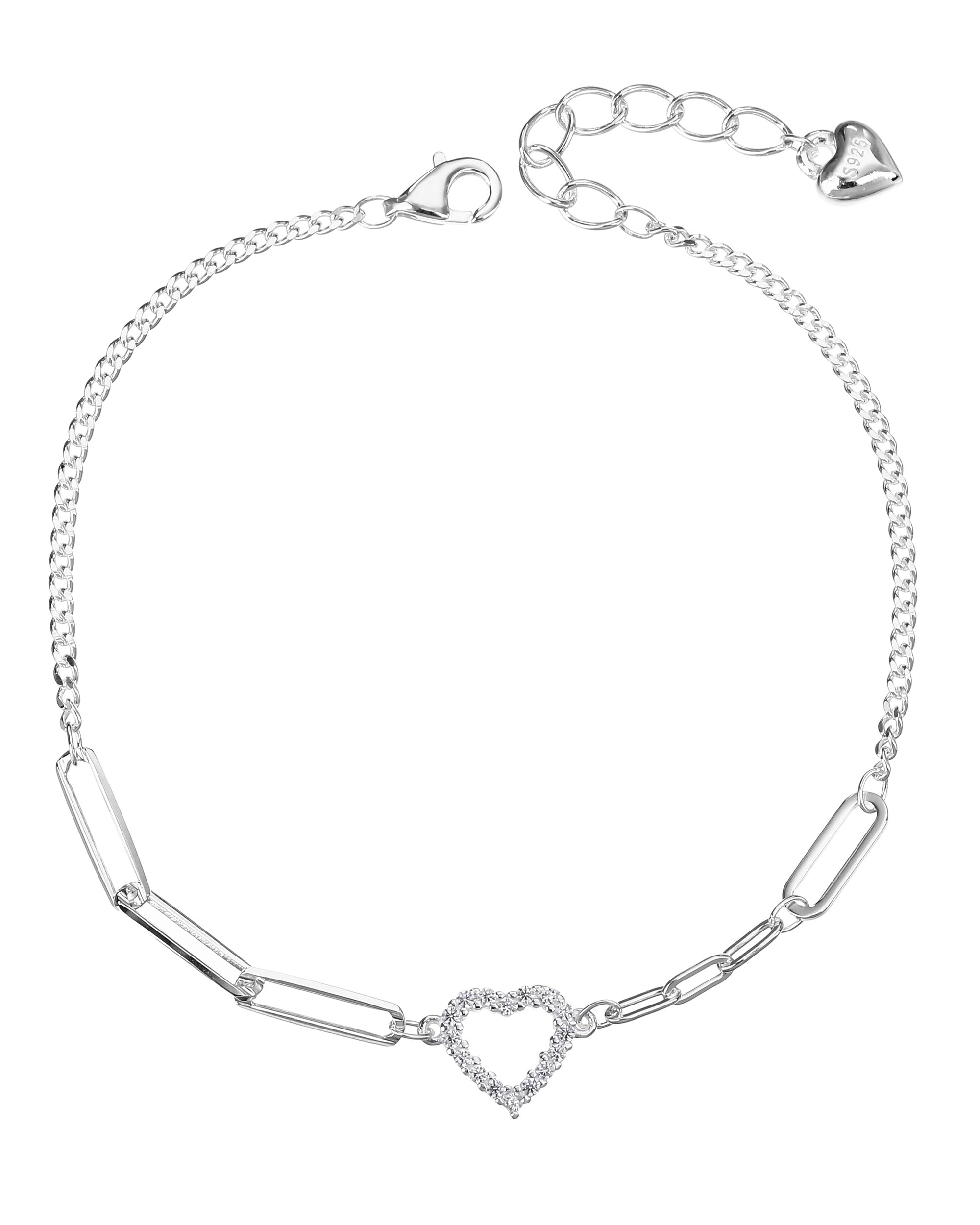 Pulsera cadena mixta de corazon con circonia blanca 17+3cm en plateado