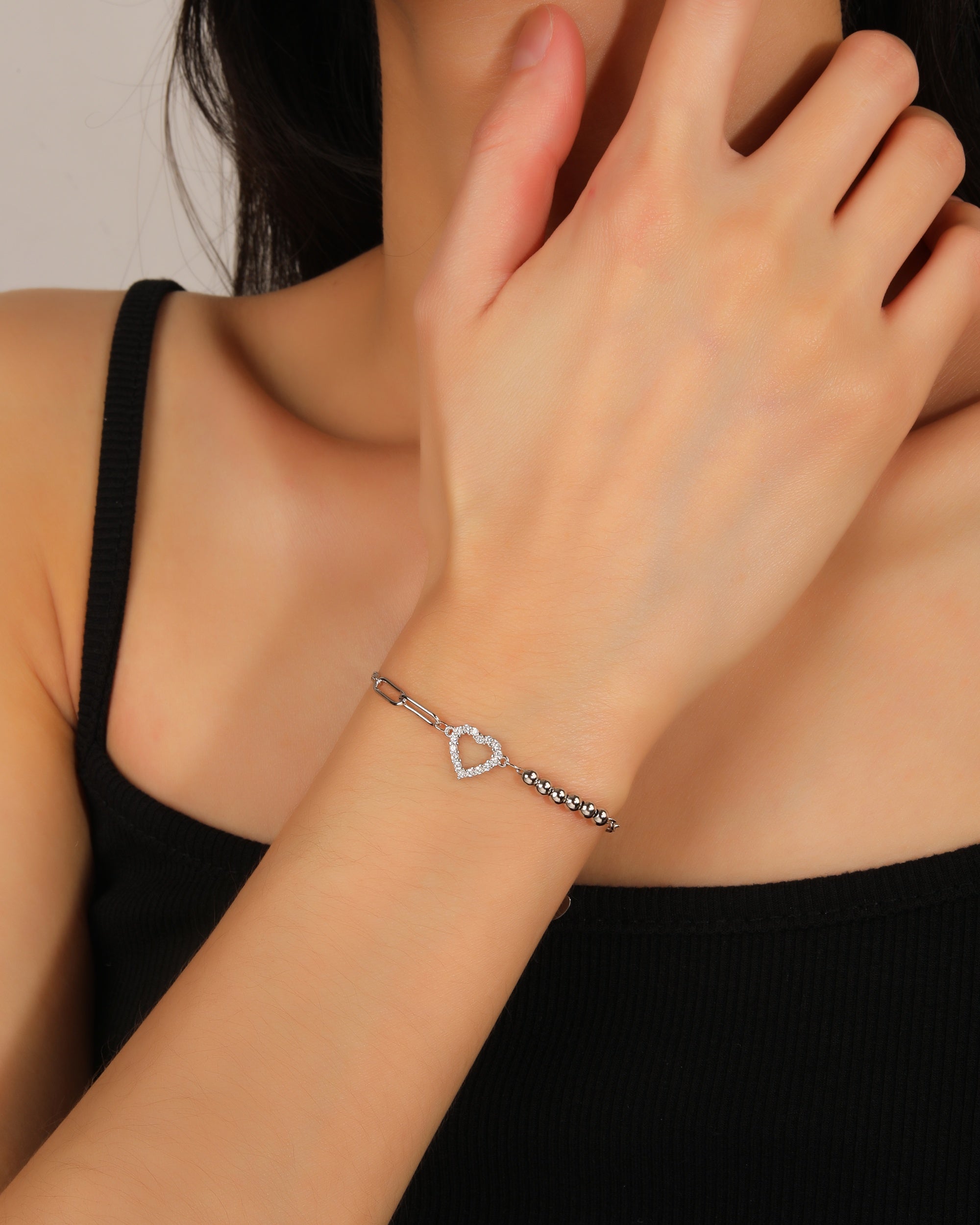 Pulsera mixta eslabon y balin de corazon con circonia blanca 17+3cm en rodizado