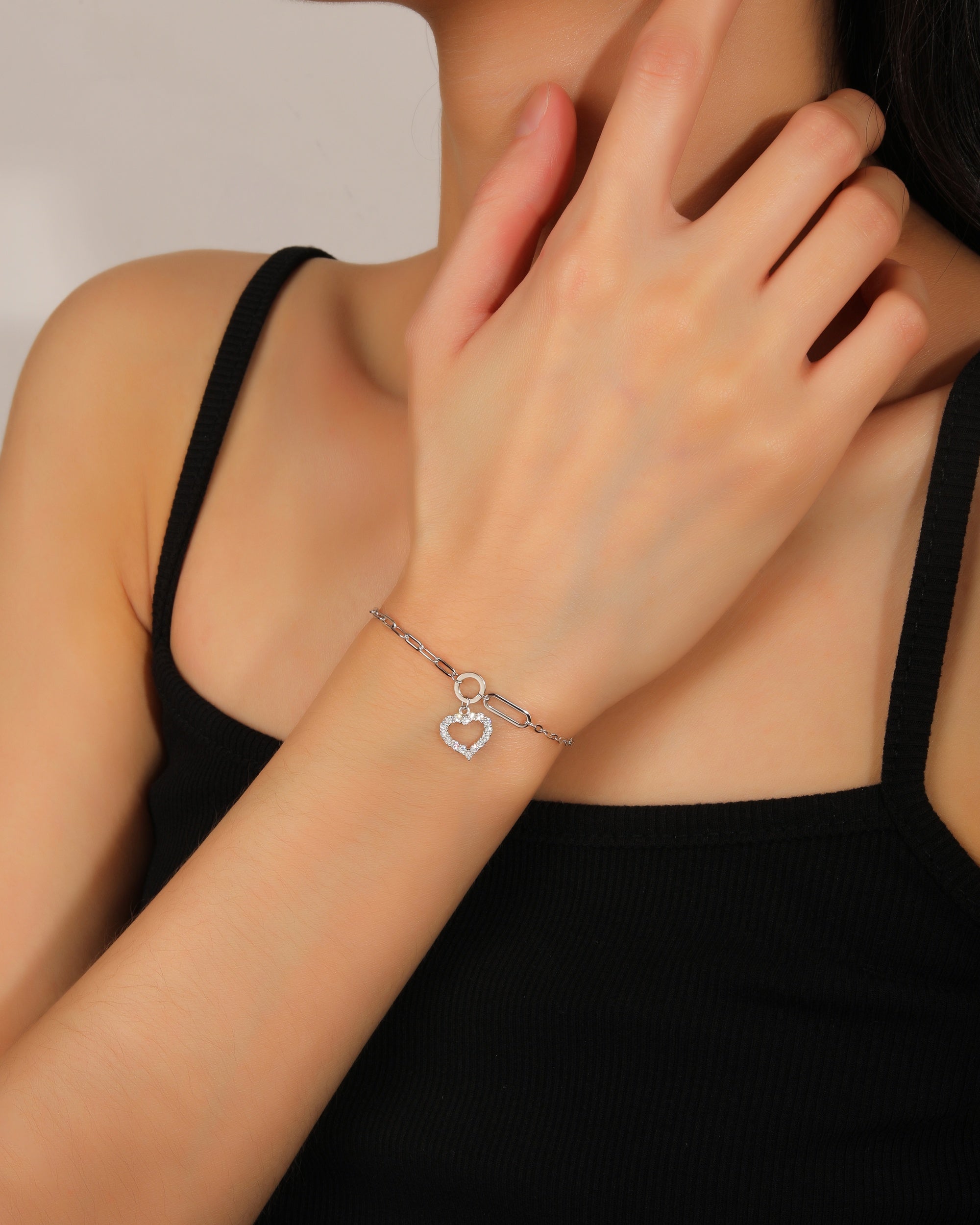Pulsera cadena mixta de corazon con circonia blanca 17+3cm en rodizado