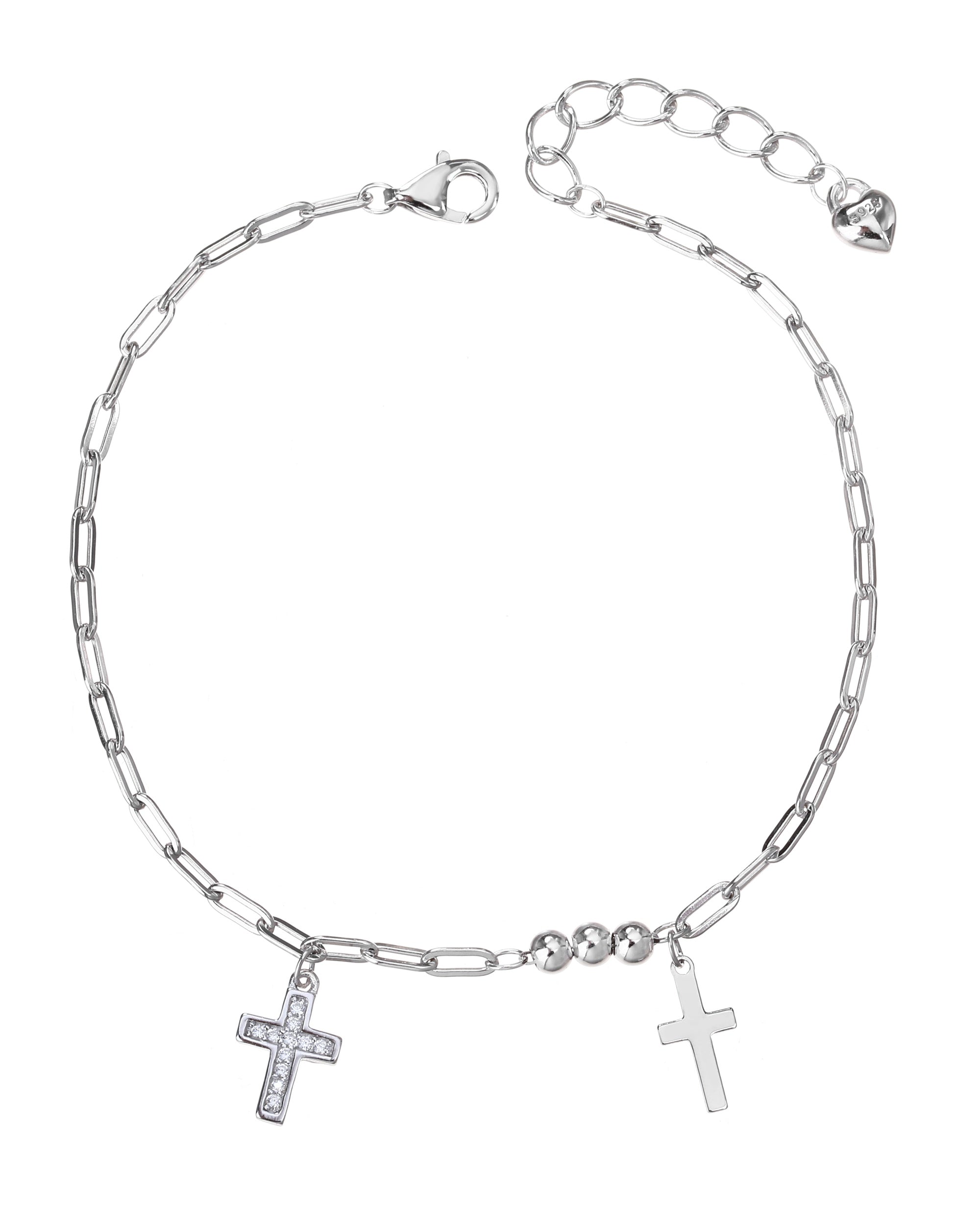 Pulsera de balines y 2 cruces con circonia blanca 17+3cm en rodizado