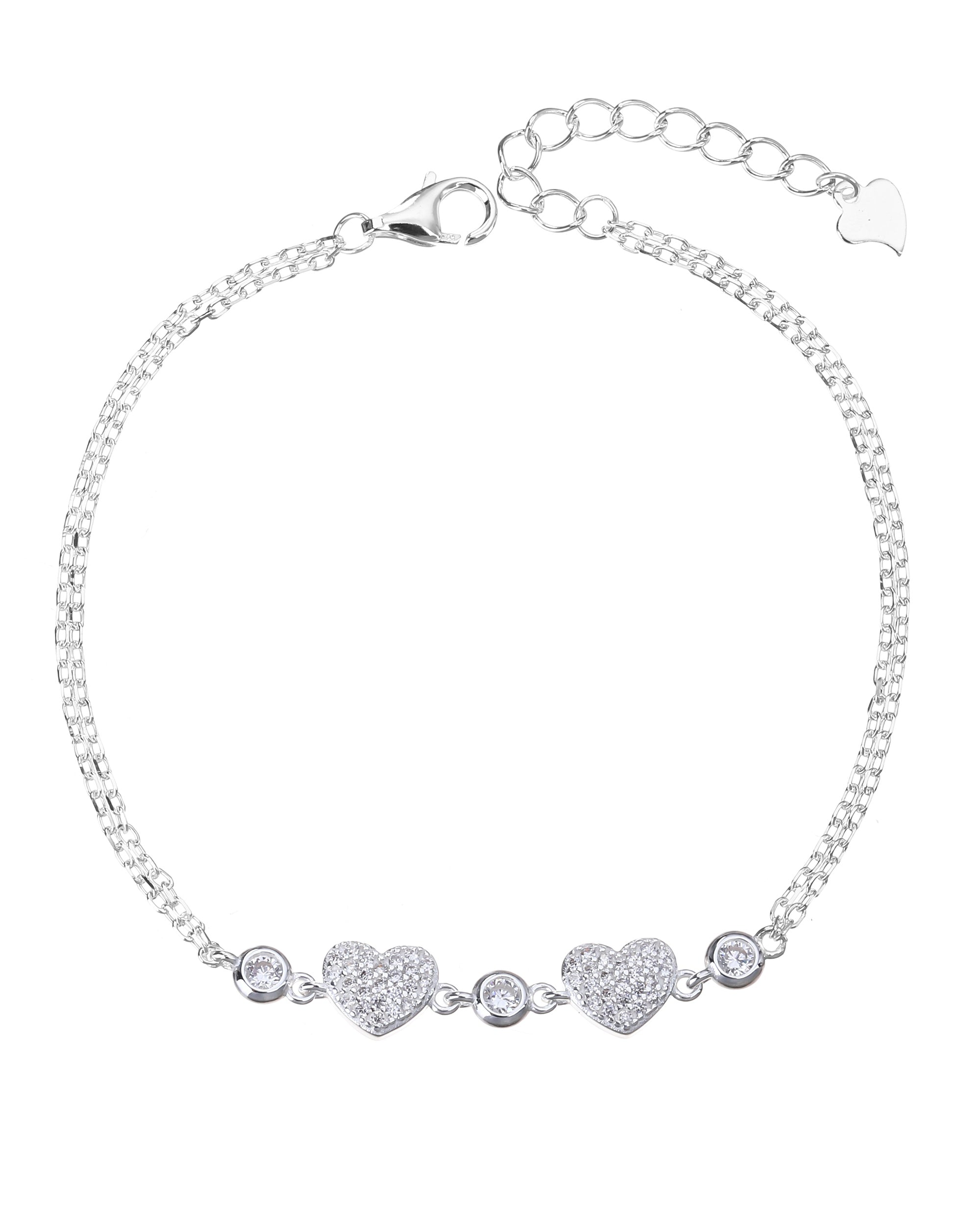Pulsera doble de corazones con circonias biceladas 17+3cm en plateado