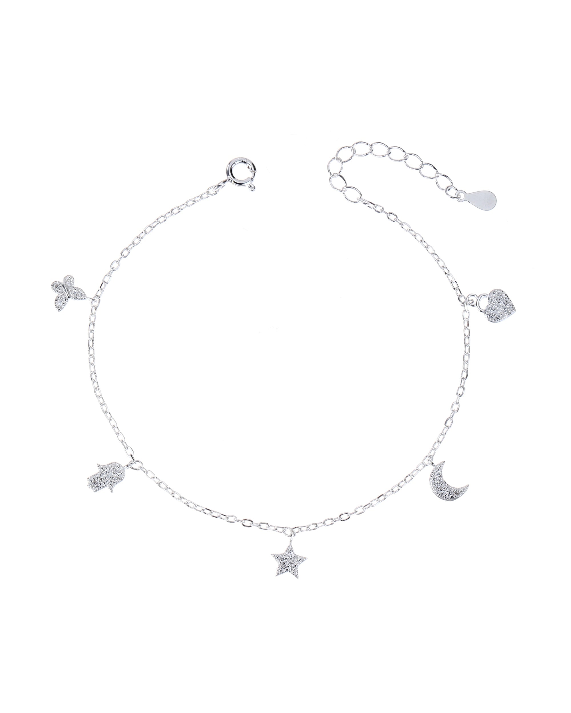 Pulsera con dijes varios con circonia blanca 17+3cm en plateado