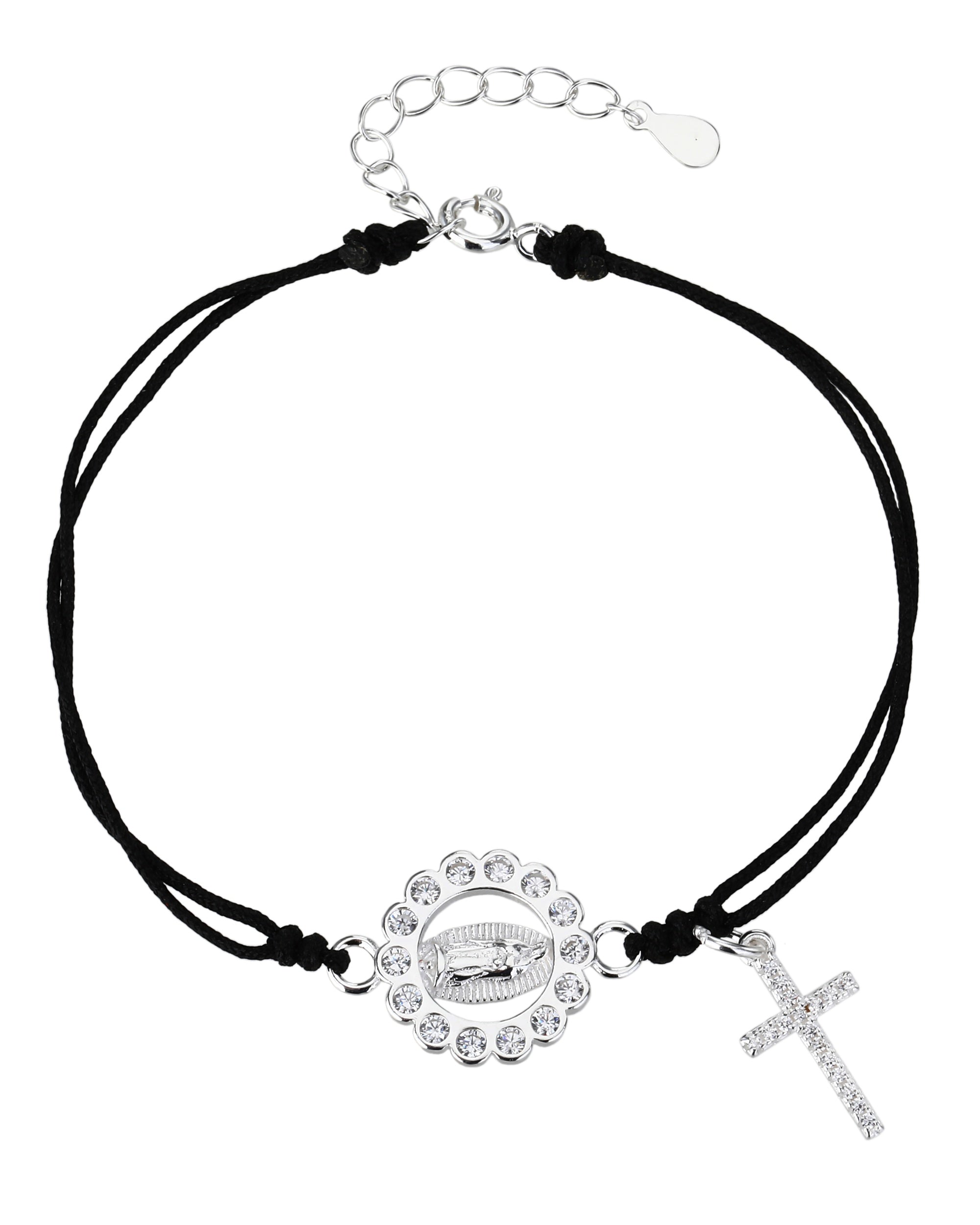 Pulsera de hilo negro con Virgen de Guadalupe en plateado