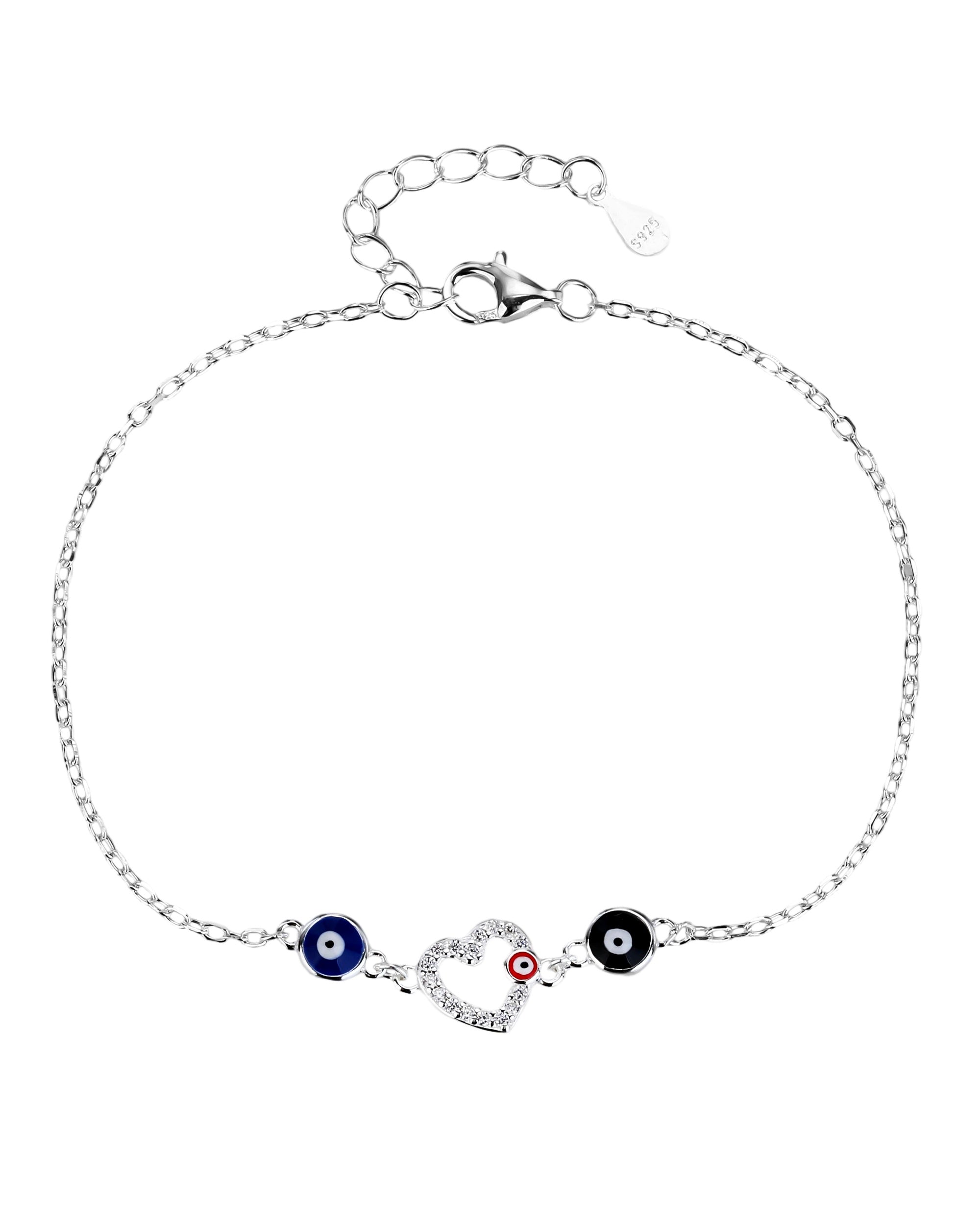 Pulsera sencilla de ojo turco y silueta corazon con circonias en plateado