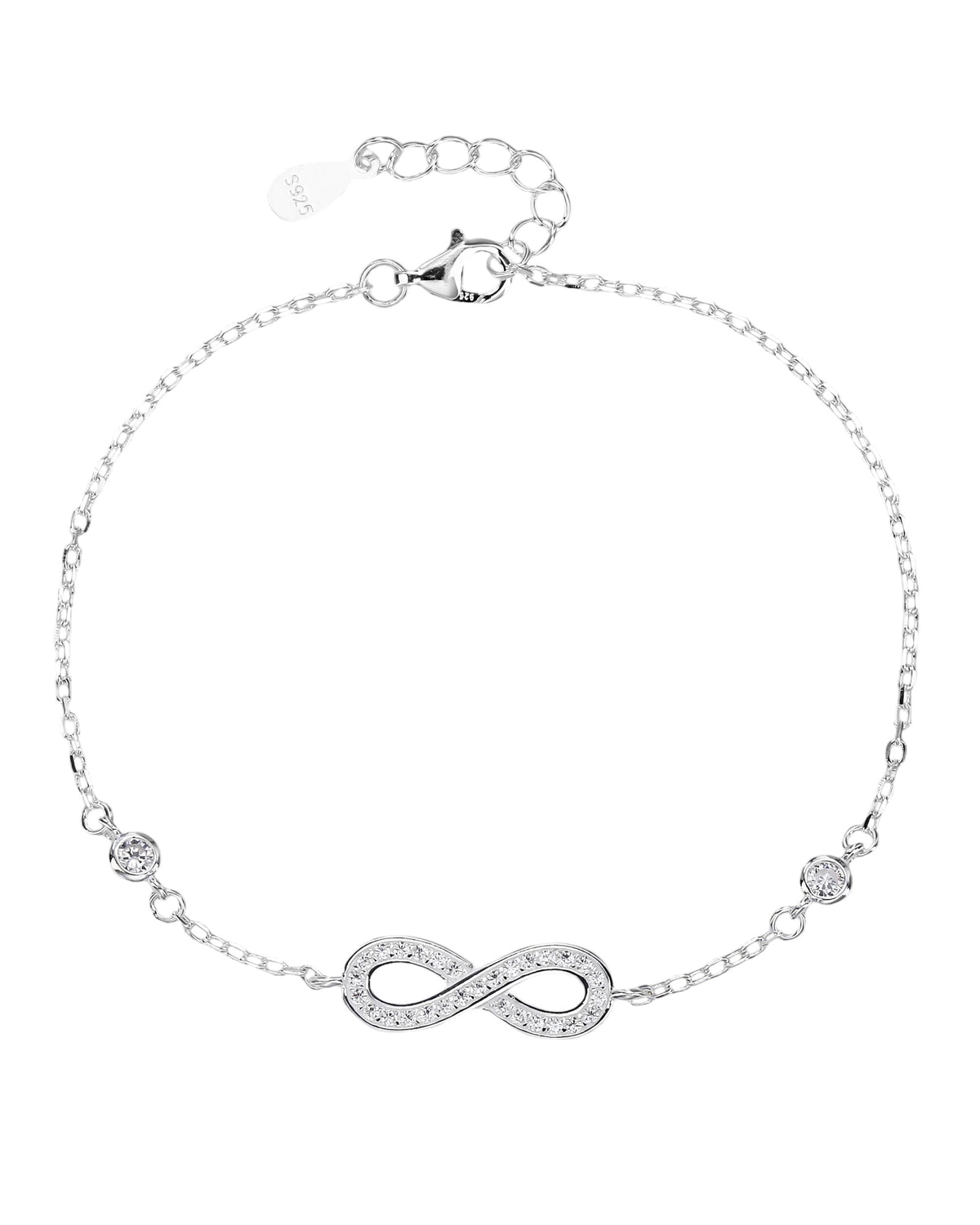 Pulsera sencilla con infinito y circonias biceladas blancas en plateado