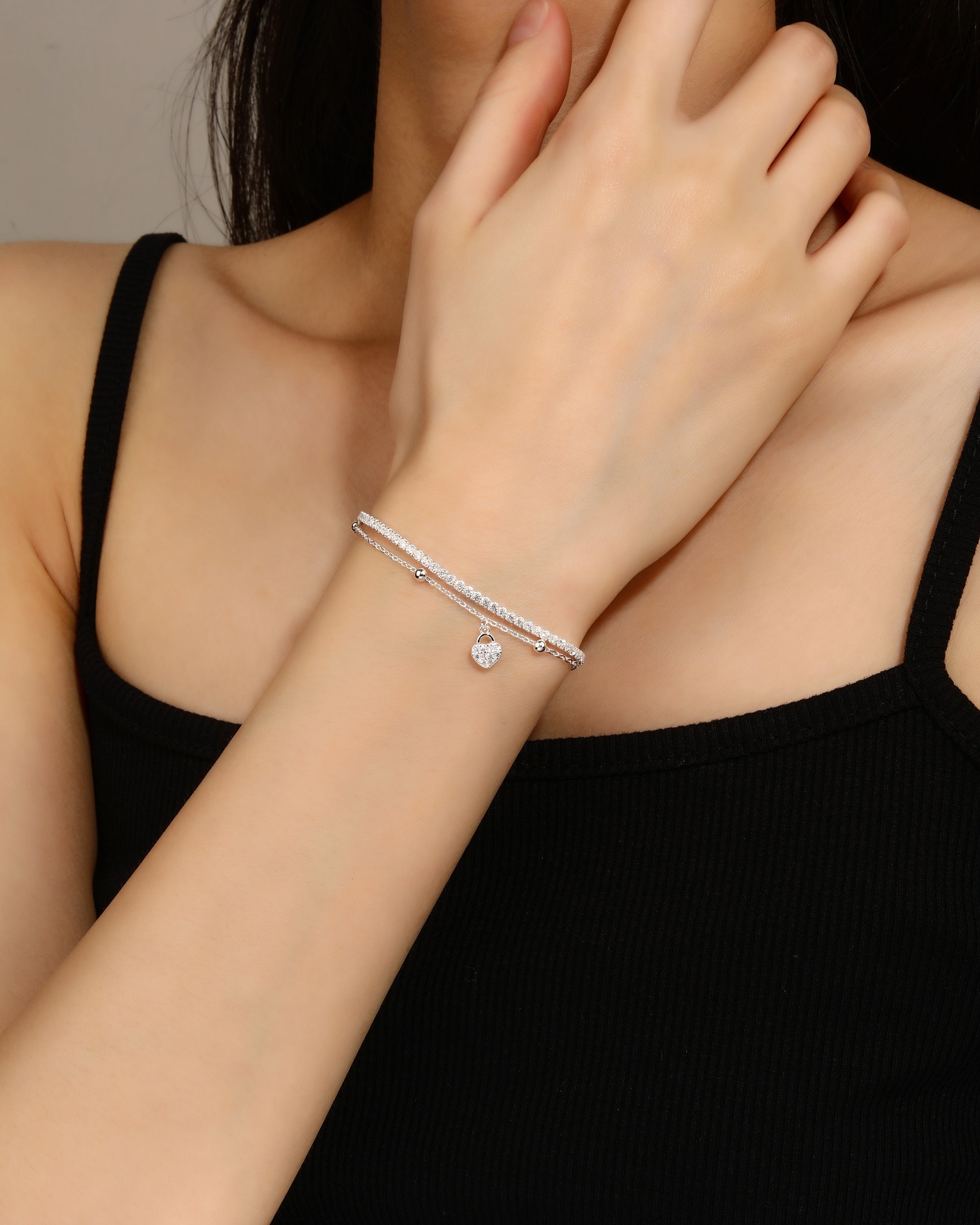 Pulsera doble de corazon con circonia blanca de 17+3cm en plateado