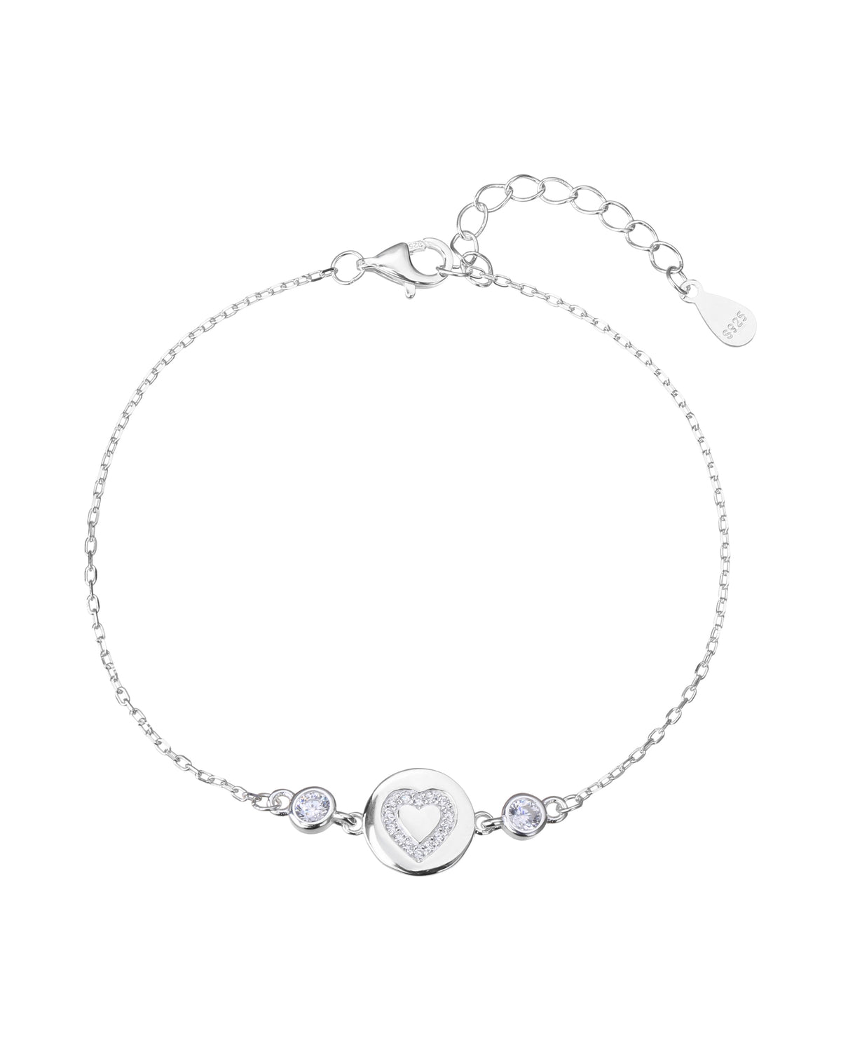 Pulsera sencilla de corazon con circonia blanca 17+3cm en plateado