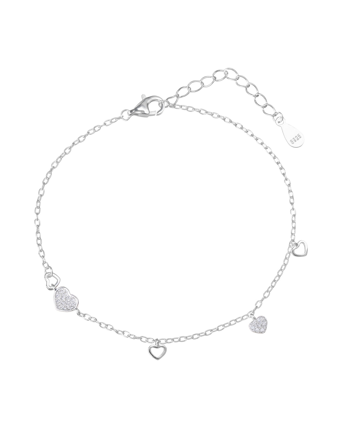 Pulsera sencilla de corazones con circonia blanca 17+3cm en plateado