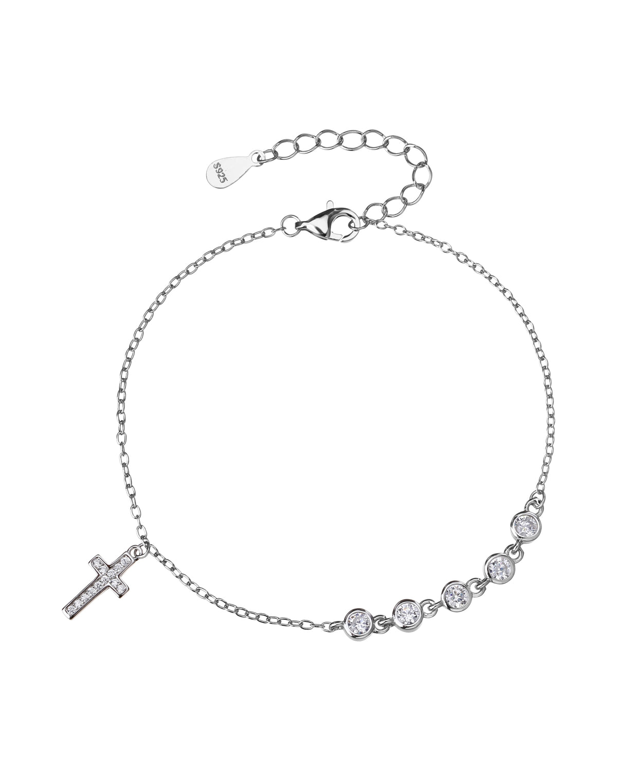 Pulsera sencilla de Cruz con circonia blanca 17+3cm en rodizado