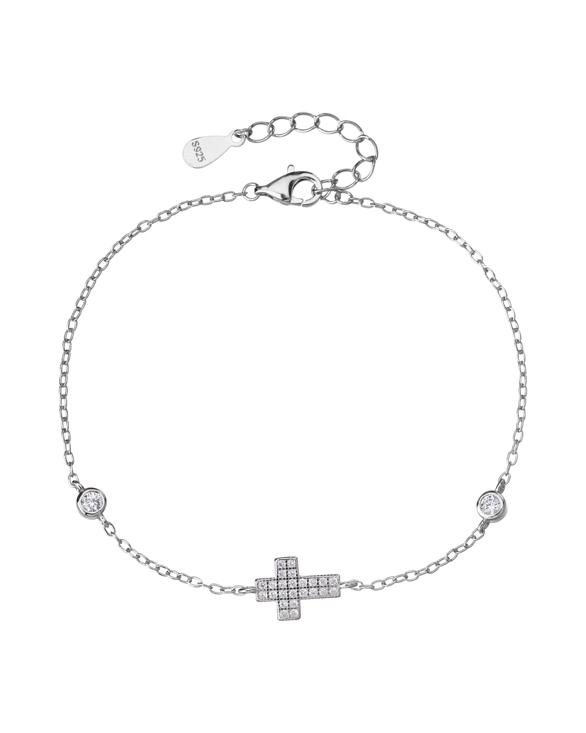 Pulsera sencilla de Cruz con circonia blanca 17+3cm en rodizado