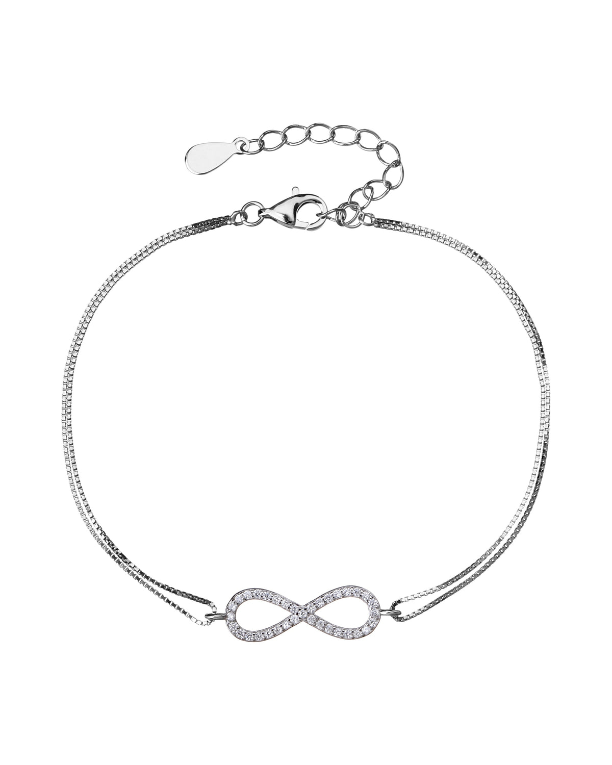 Pulsera doble con infinito y circonia blanca 17+3cm en rodizado