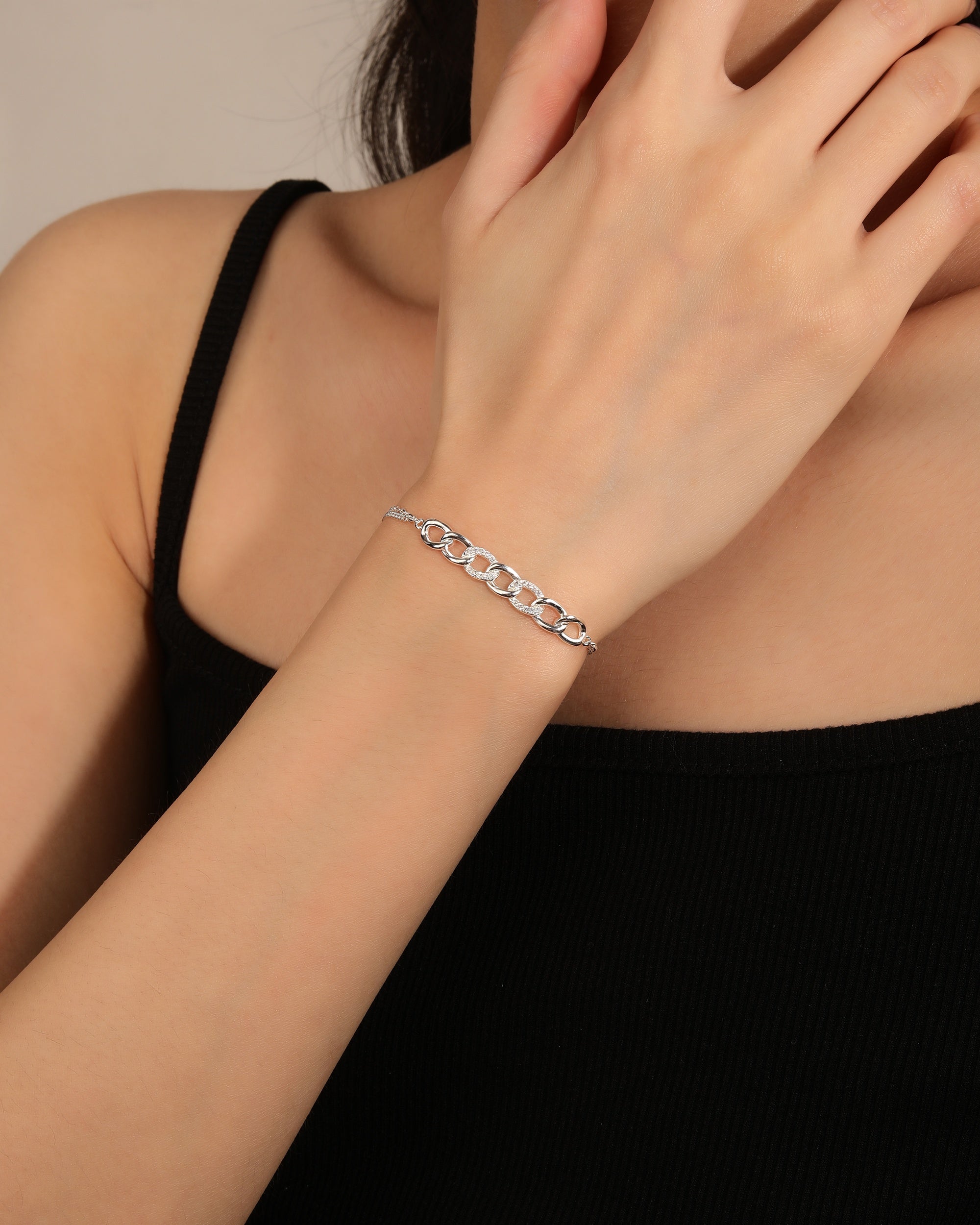 Pulsera doble de eslabones con circonia blanca de 17+3cm en plateado