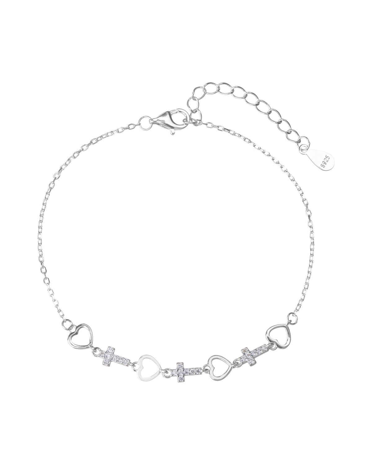 Pulsera sencilla de Cruz y corazon con circonia blanca 17+3cm en plateado