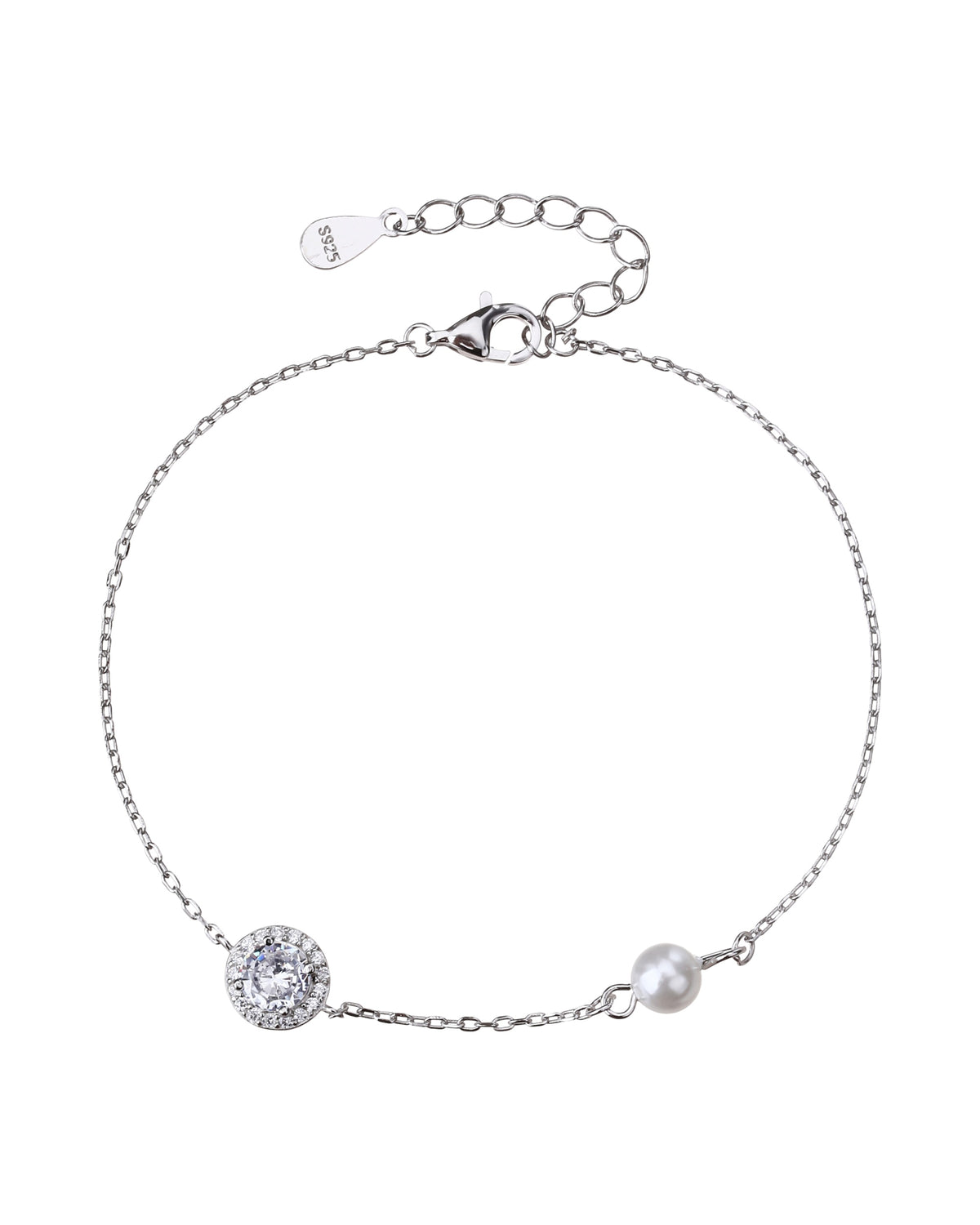 Pulsera sencilla con circonia redonda blanca y perla 17+3cm en rodizado