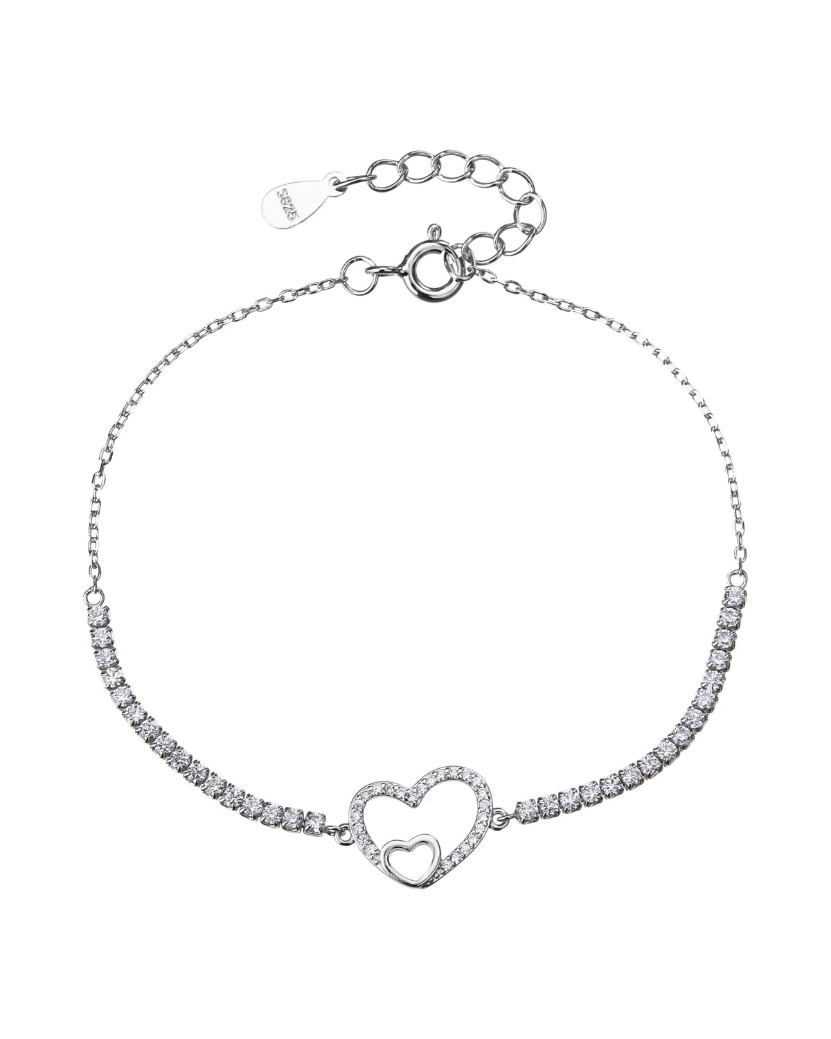 Pulsera de tenis 1.75mm de corazones con circonia blanca 17+3cm en rodizado