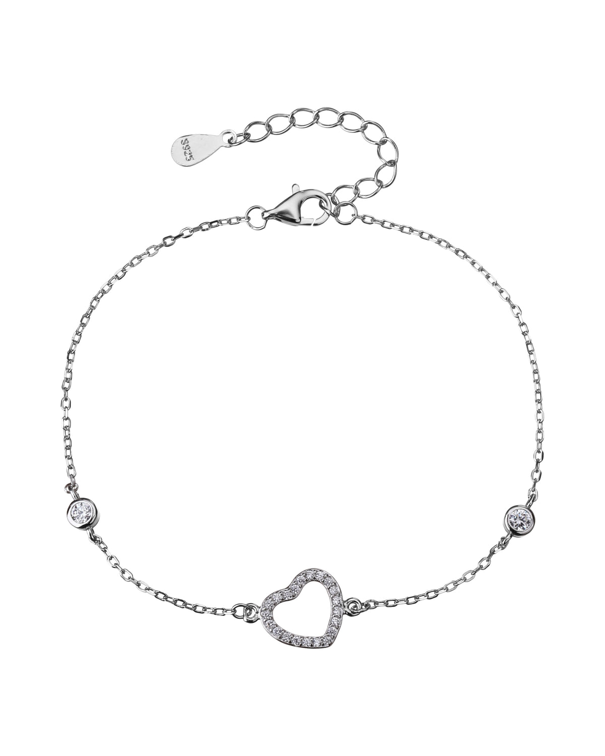 Pulsera sencilla de corazon con circonia blanca 17+3cm en rodizado