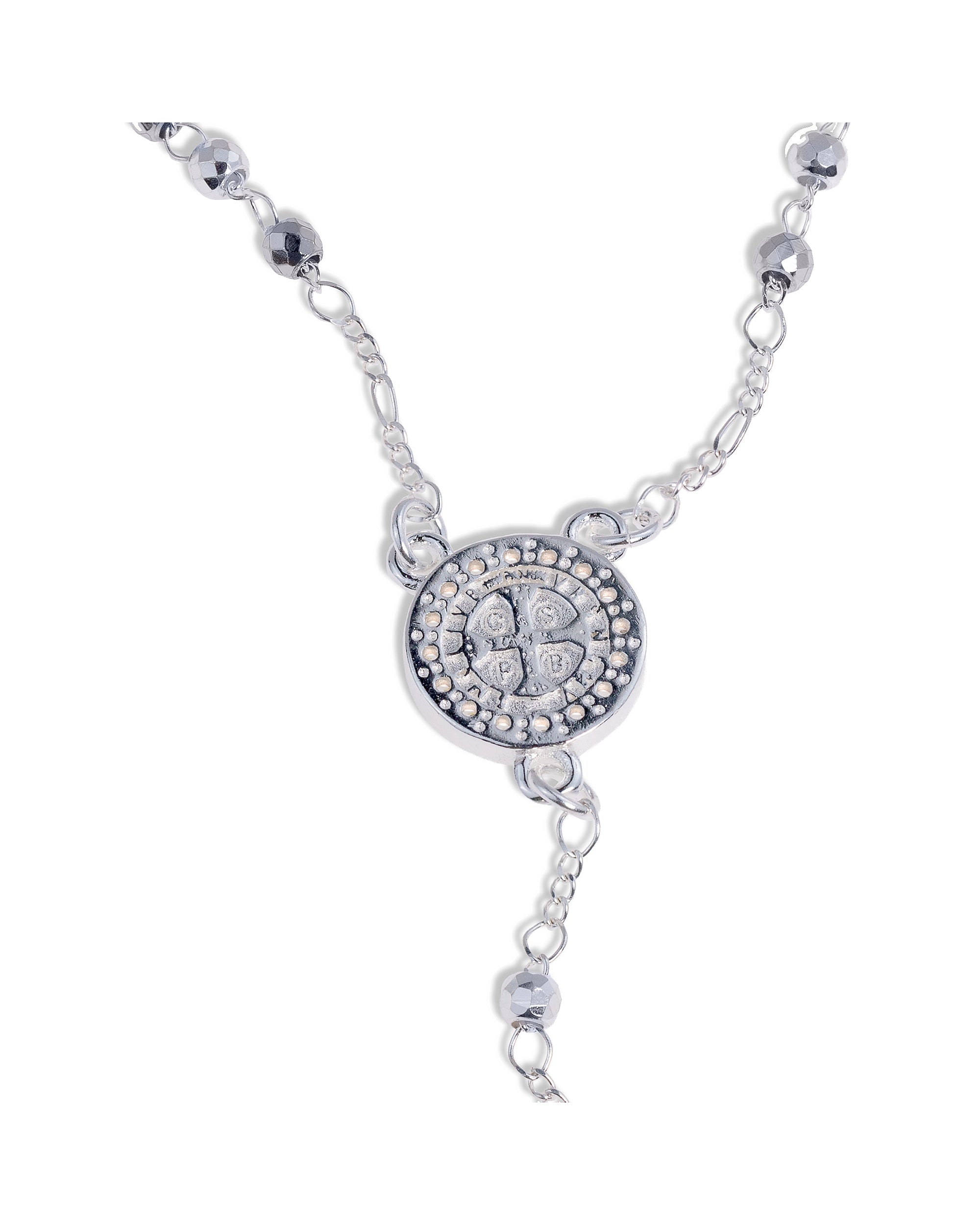 Rosario de San Benito con circonia blanca 4mm en plateado