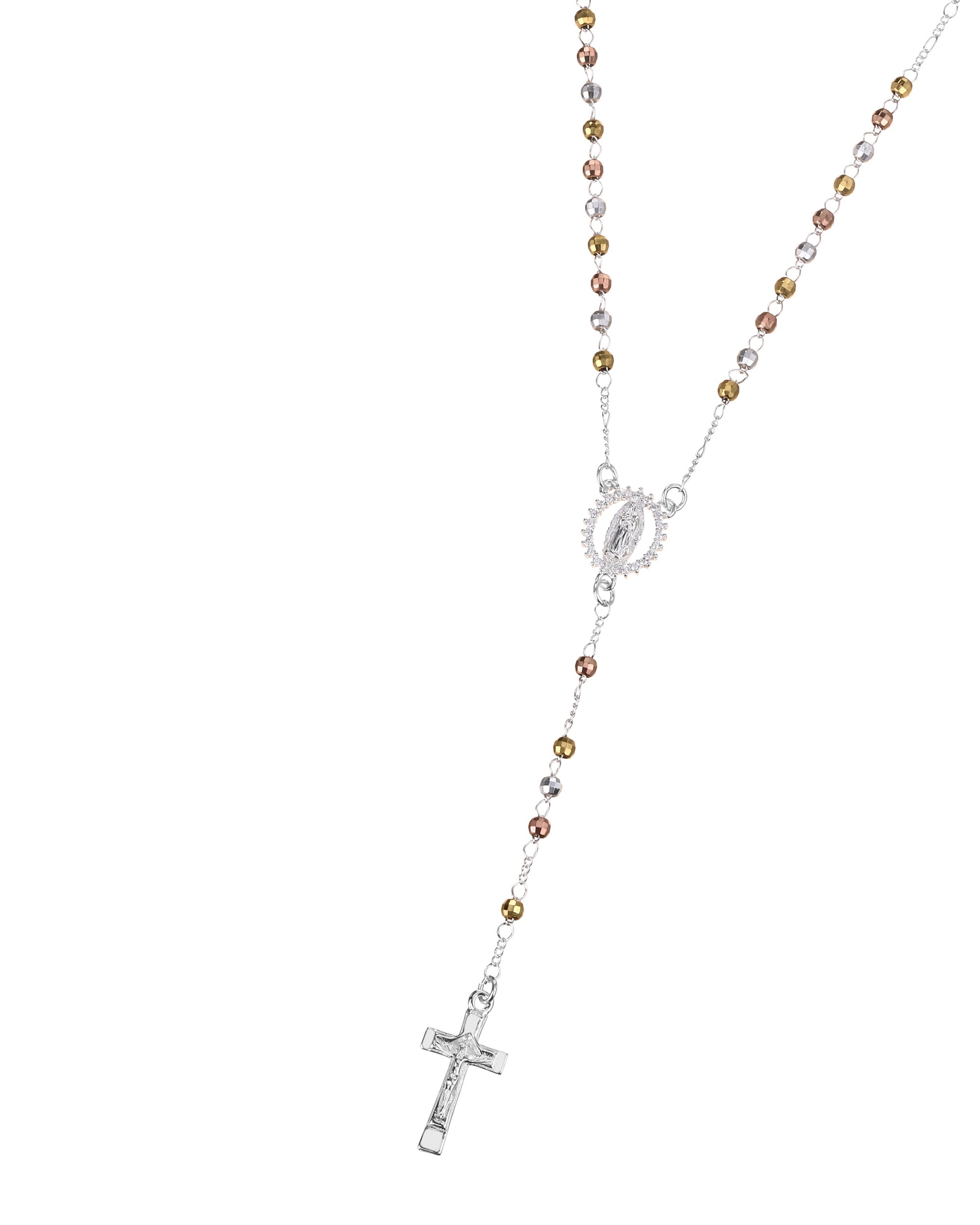 Rosario de Virgen de Guadalupe con circonia blanca 3mm en florentino