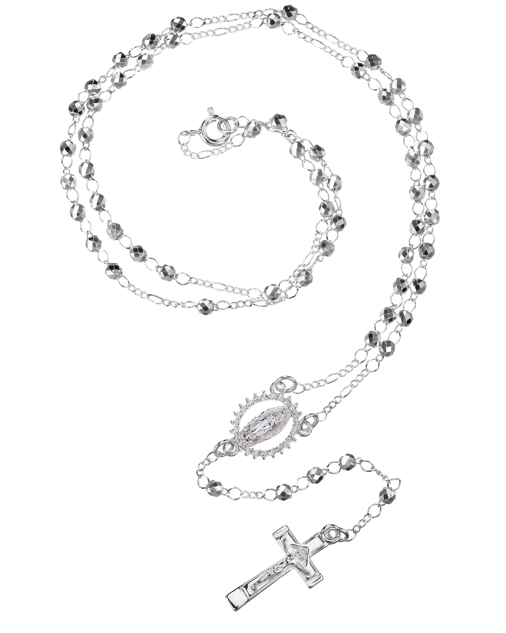Rosario de Virgen de Guadalupe con circonia blanca 3mm en plateado