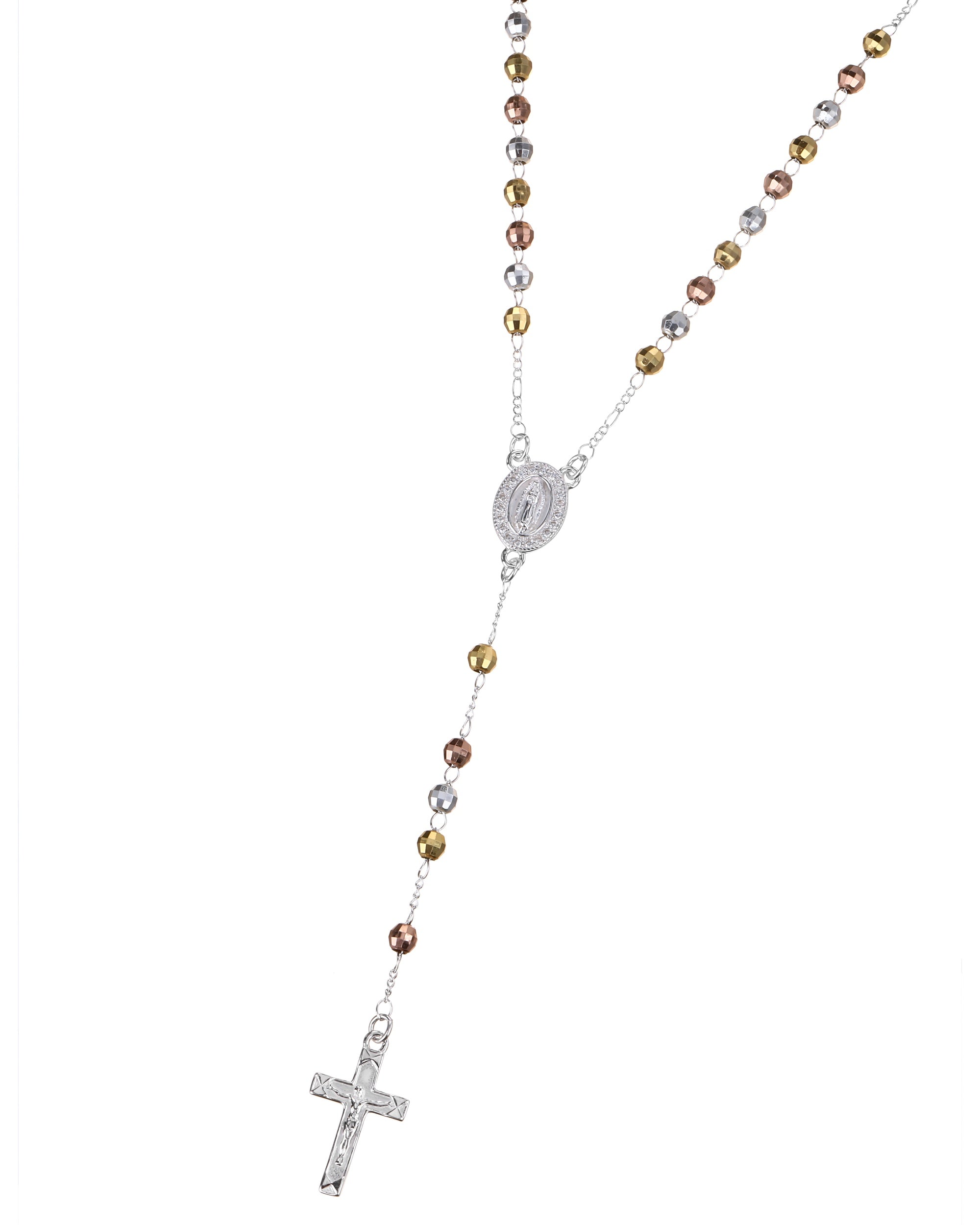 Rosario de Virgen de Guadalupe con circonia blanca 4mm en florentino