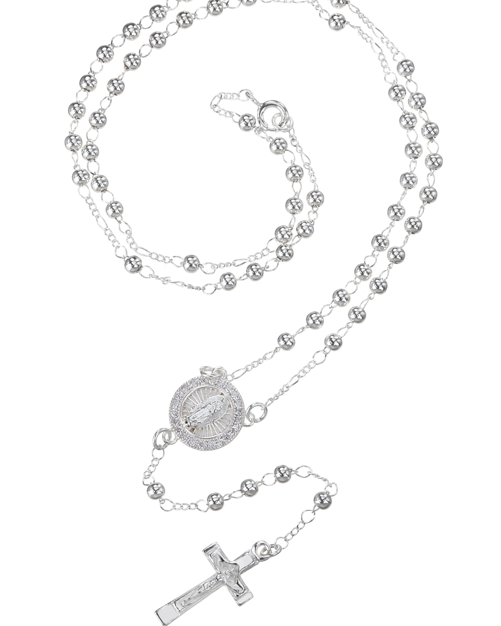 Rosario de Virgen de Guadalupe con circonia blanca 3mm en plateado