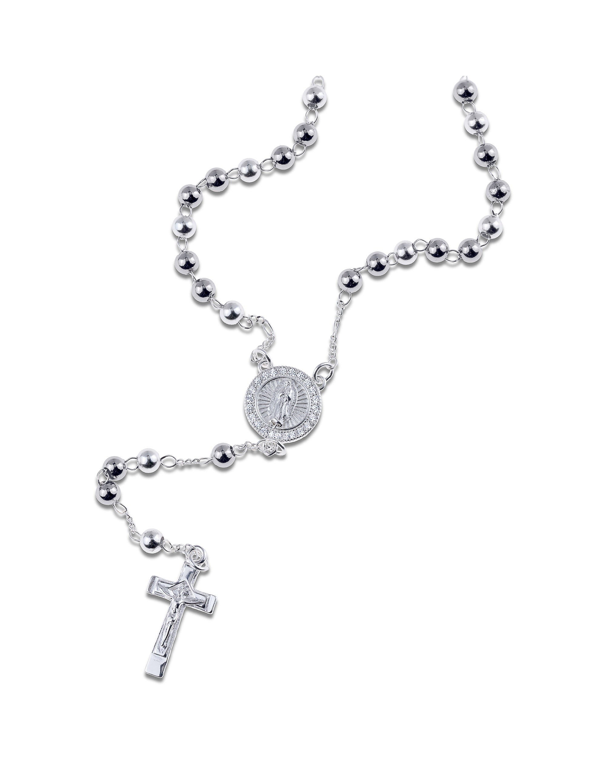 Rosario de Virgen de Guadalupe con circonia blanca 4mm en plateado