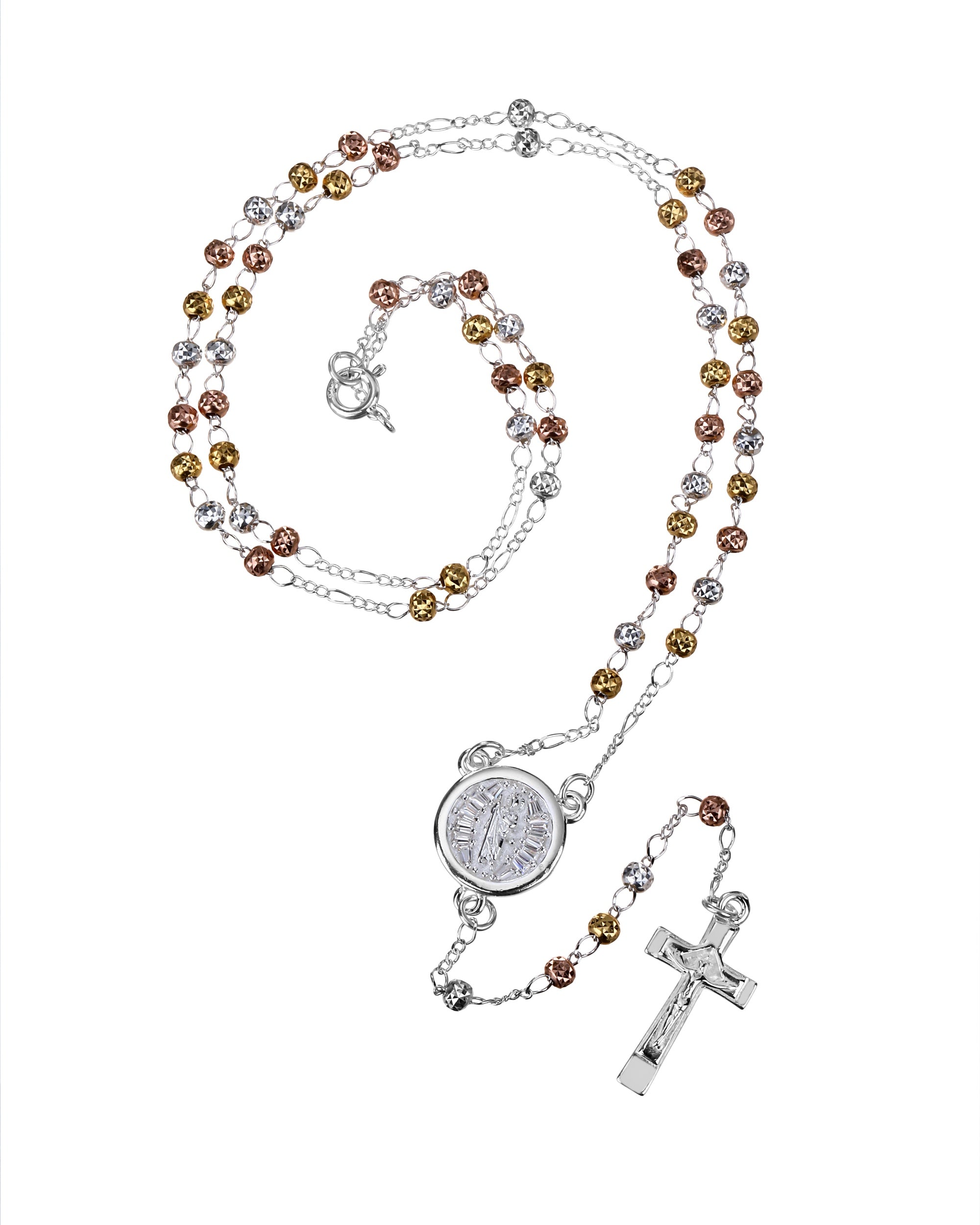 Rosario de Virgen de Guadalupe con circonia blanca 4mm en florentino