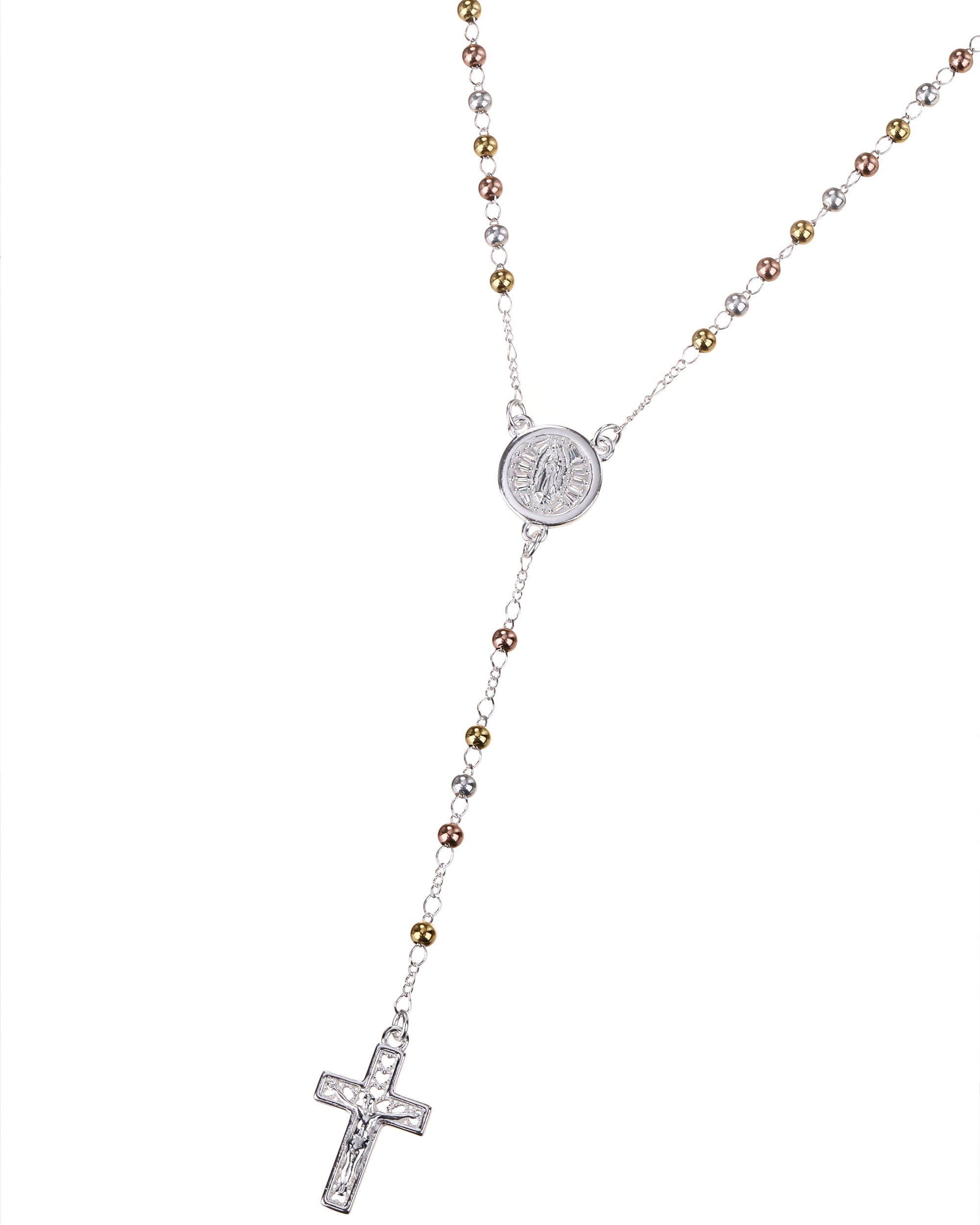 Rosario de Virgen de Guadalupe con circonia blanca 3mm en florentino