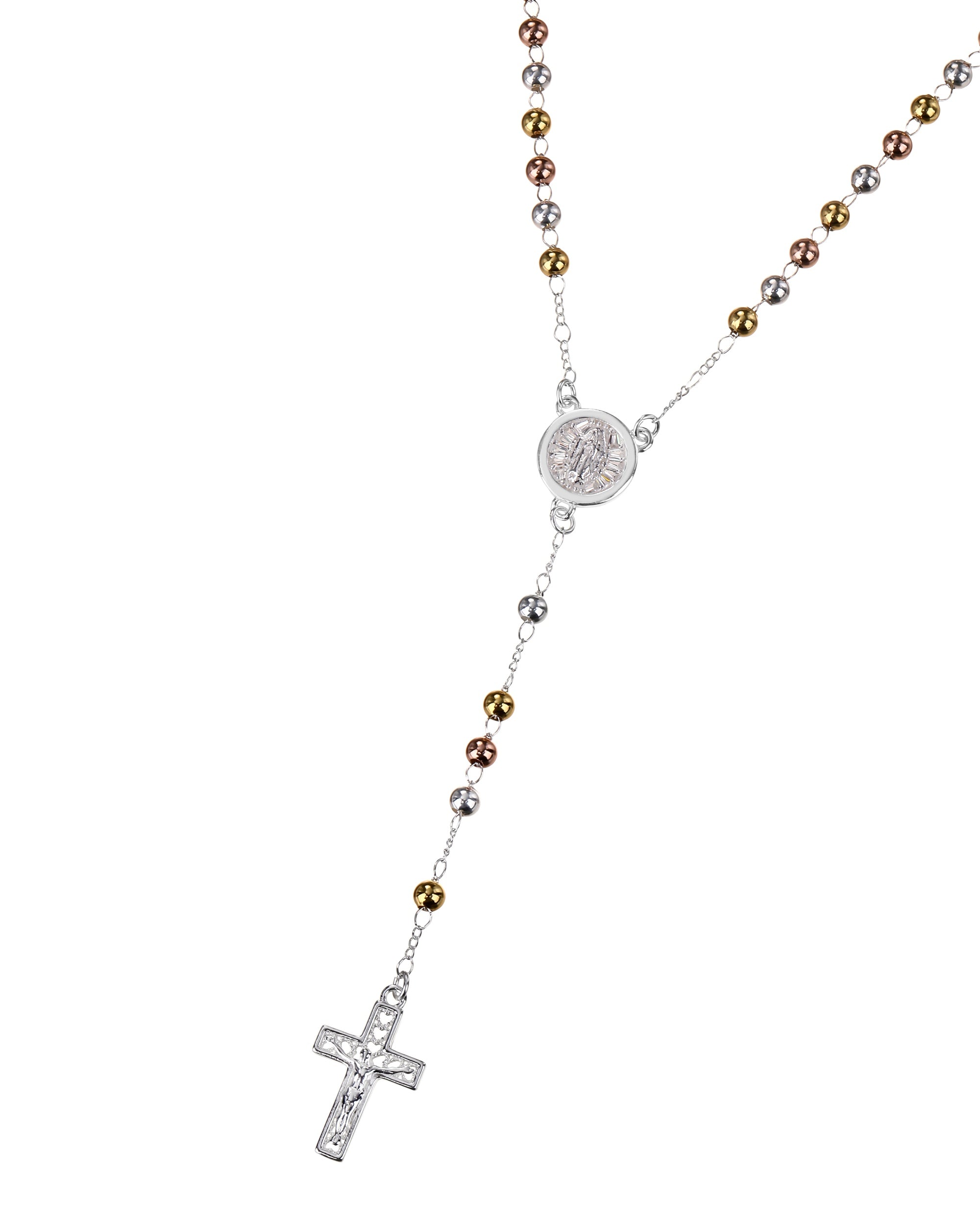 Rosario de Virgen de Guadalupe con circonia blanca 4mm en florentino