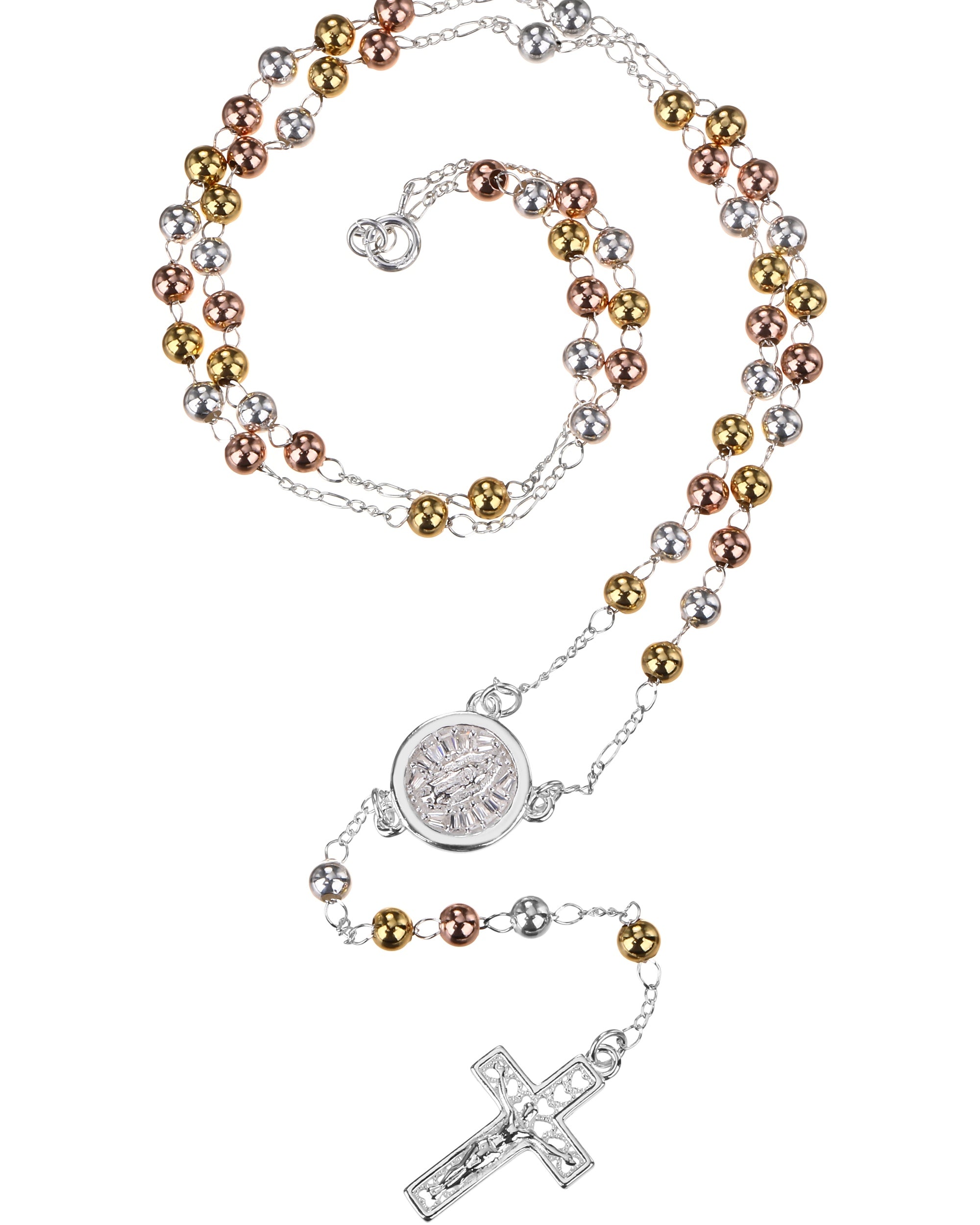 Rosario de Virgen de Guadalupe con circonia blanca 4mm en florentino
