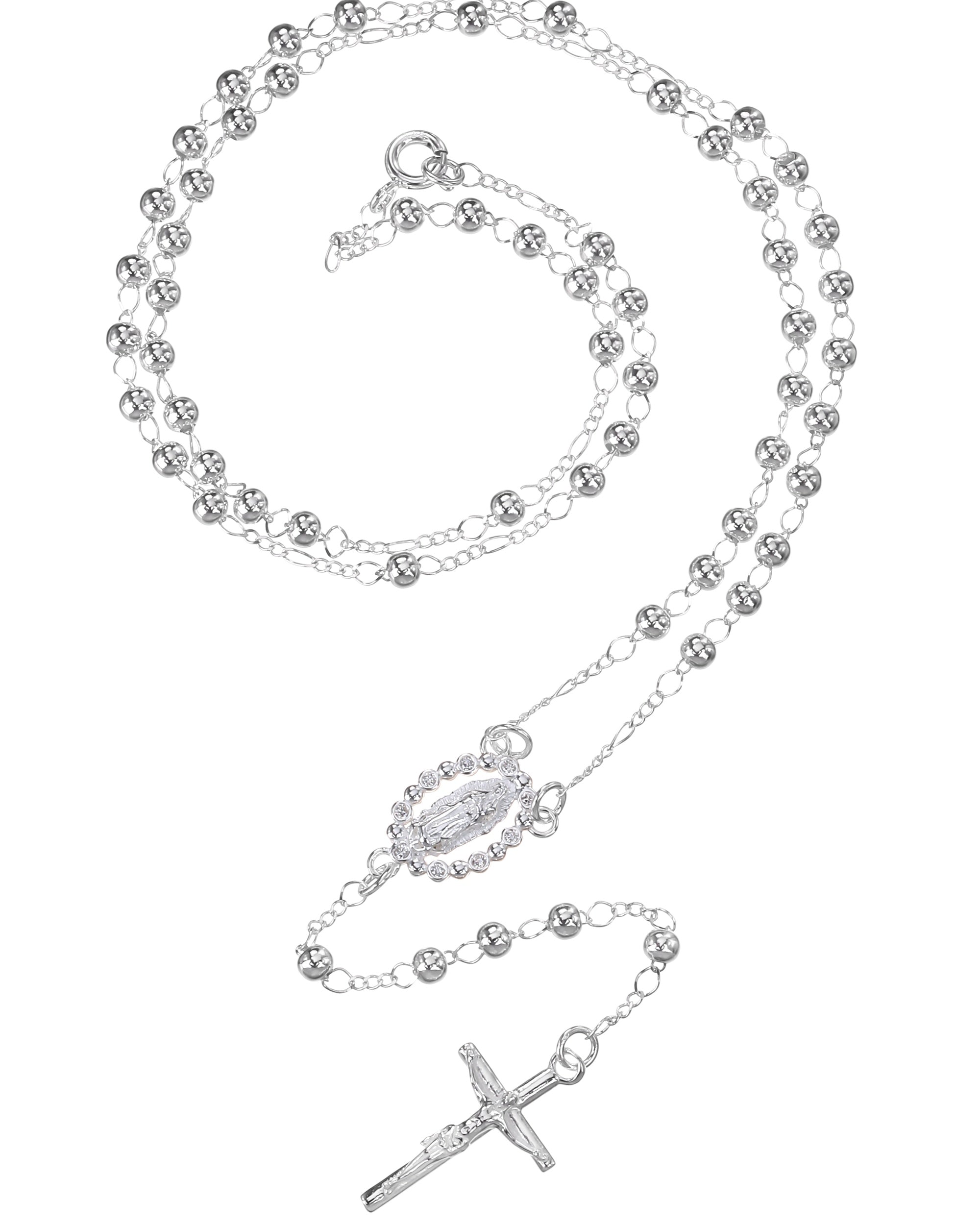 Rosario de Virgen de Guadalupe con circonia blanca 3mm en plateado